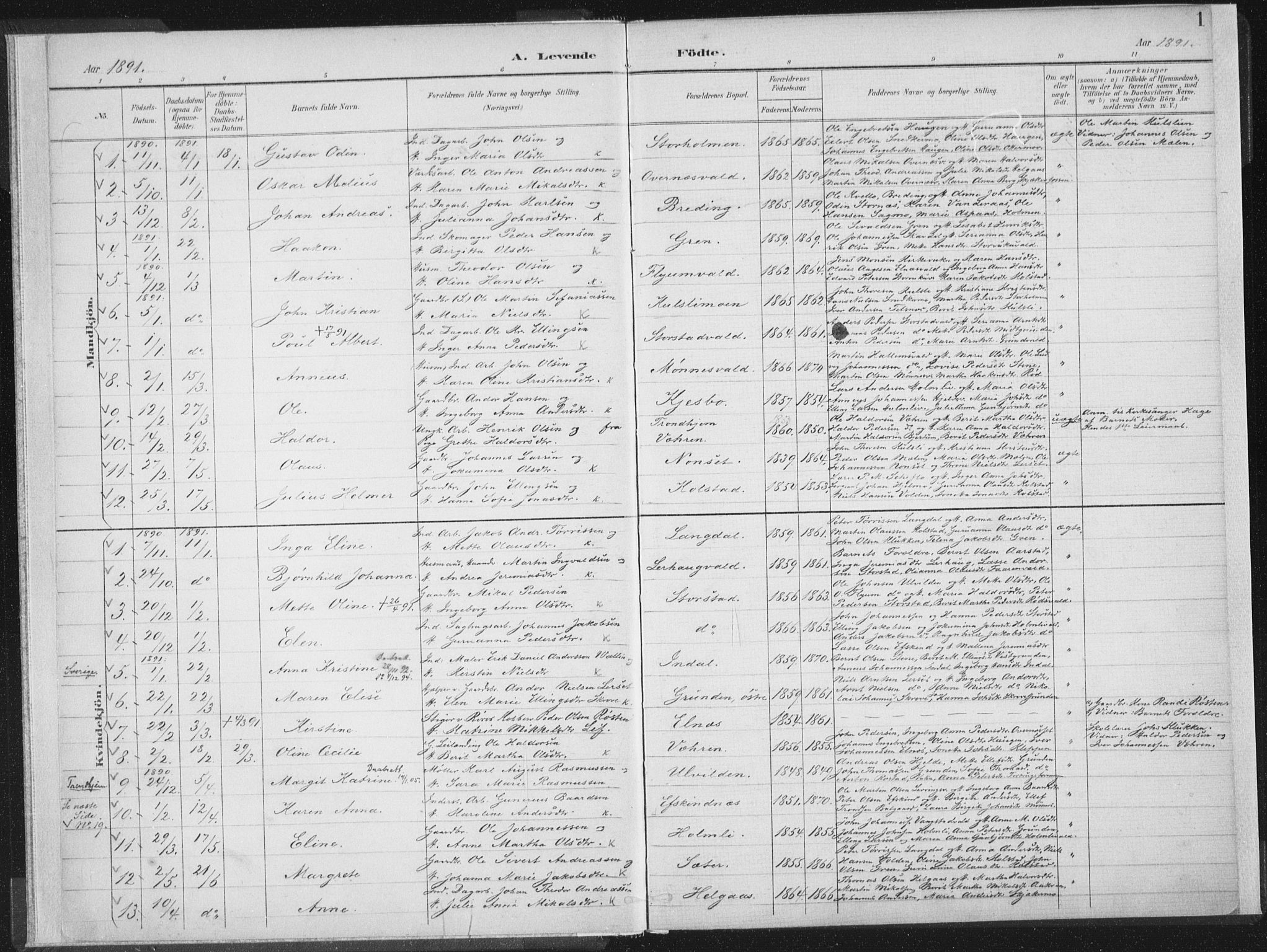 Ministerialprotokoller, klokkerbøker og fødselsregistre - Nord-Trøndelag, SAT/A-1458/724/L0263: Parish register (official) no. 724A01, 1891-1907, p. 1