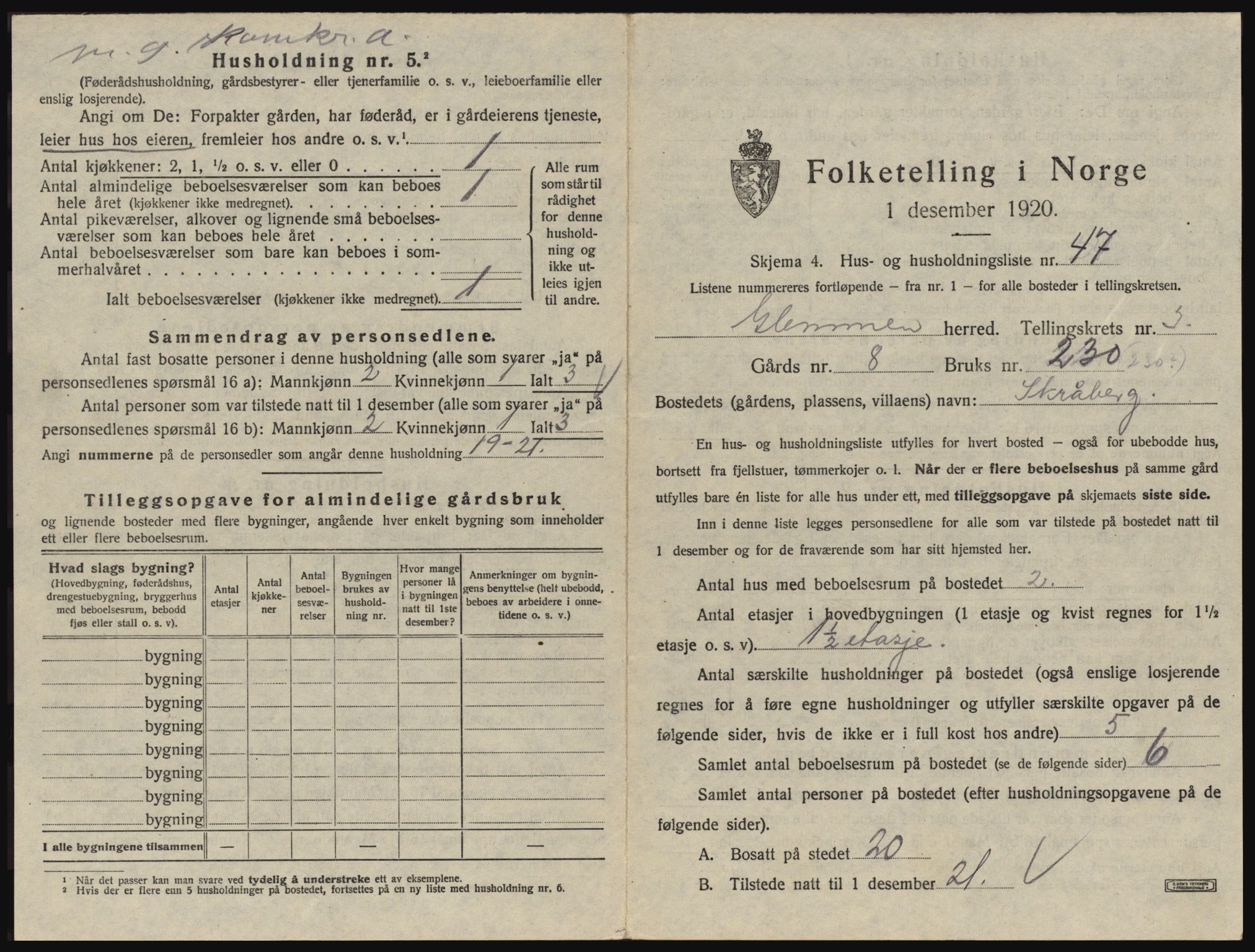 SAO, 1920 census for Glemmen, 1920, p. 543