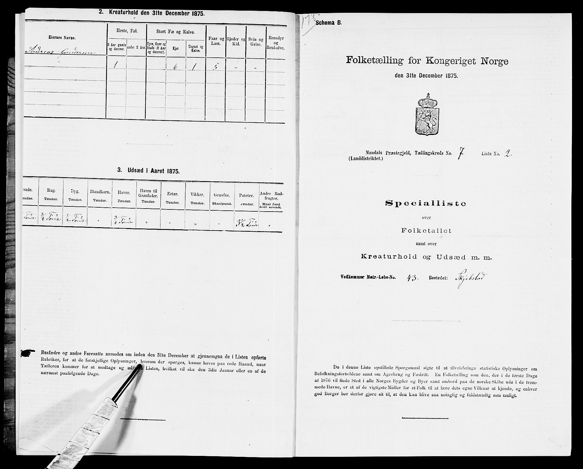 SAK, 1875 census for 1019L Mandal/Halse og Harkmark, 1875, p. 1016