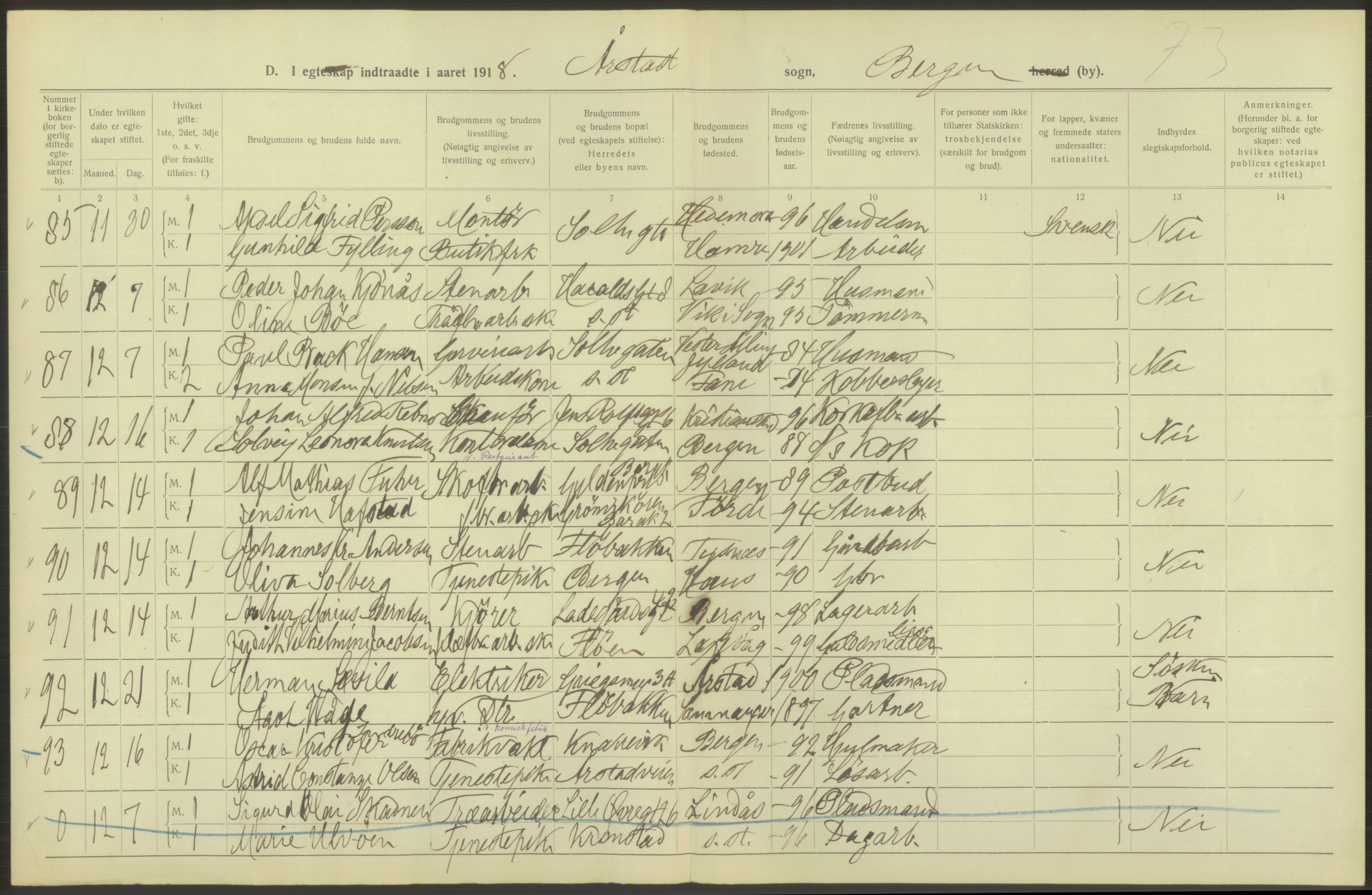 Statistisk sentralbyrå, Sosiodemografiske emner, Befolkning, AV/RA-S-2228/D/Df/Dfb/Dfbh/L0038: Bergen: Gifte, dødfødte., 1918, p. 54