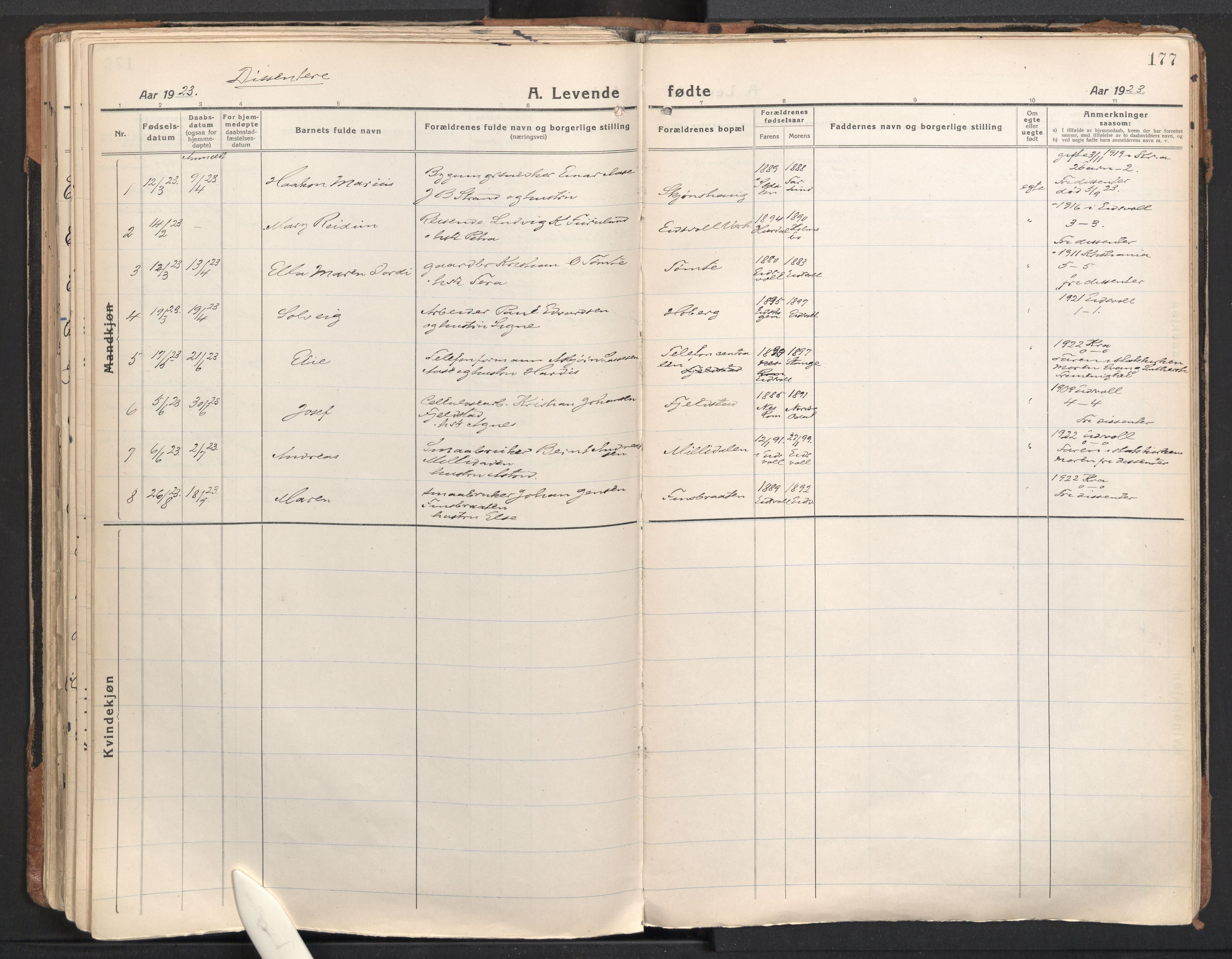 Eidsvoll prestekontor Kirkebøker, SAO/A-10888/F/Fa: Parish register (official) no. I 10, 1920-1933, p. 177
