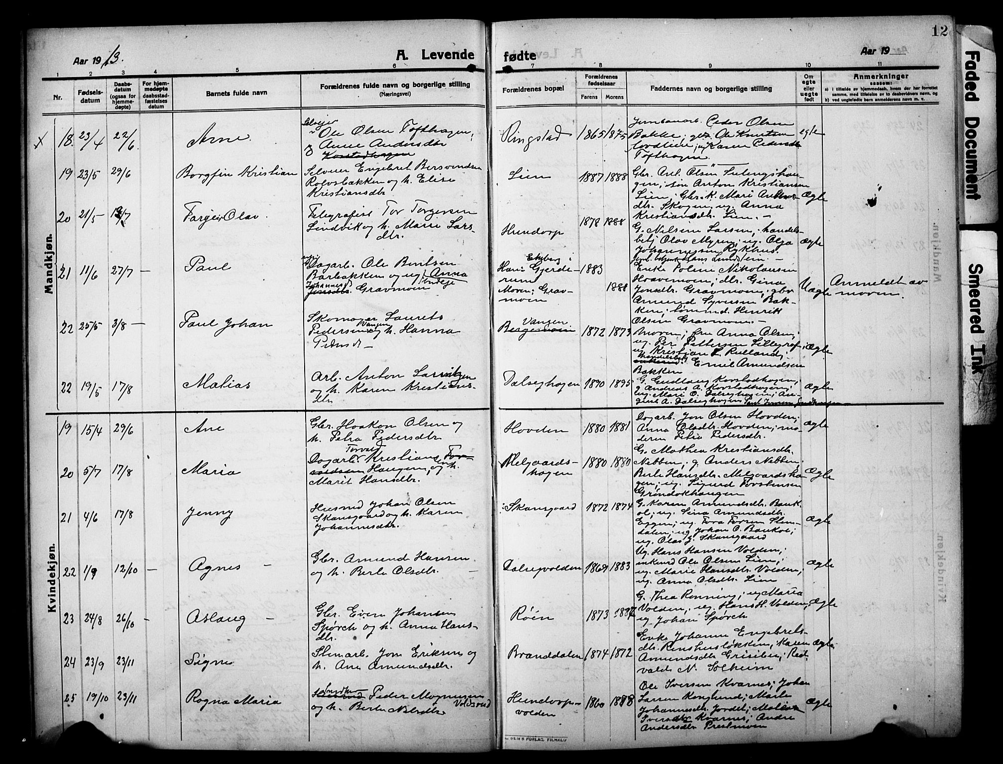 Sør-Fron prestekontor, AV/SAH-PREST-010/H/Ha/Hab/L0005: Parish register (copy) no. 5, 1912-1930, p. 12