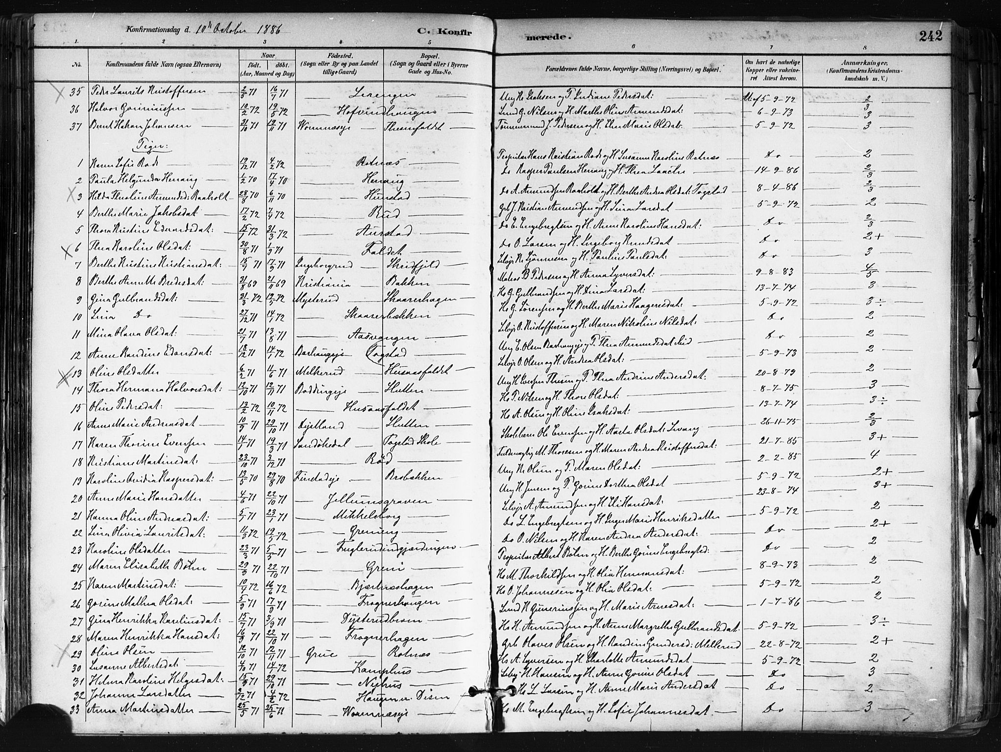 Nes prestekontor Kirkebøker, SAO/A-10410/F/Fa/L0010: Parish register (official) no. I 10, 1883-1898, p. 242