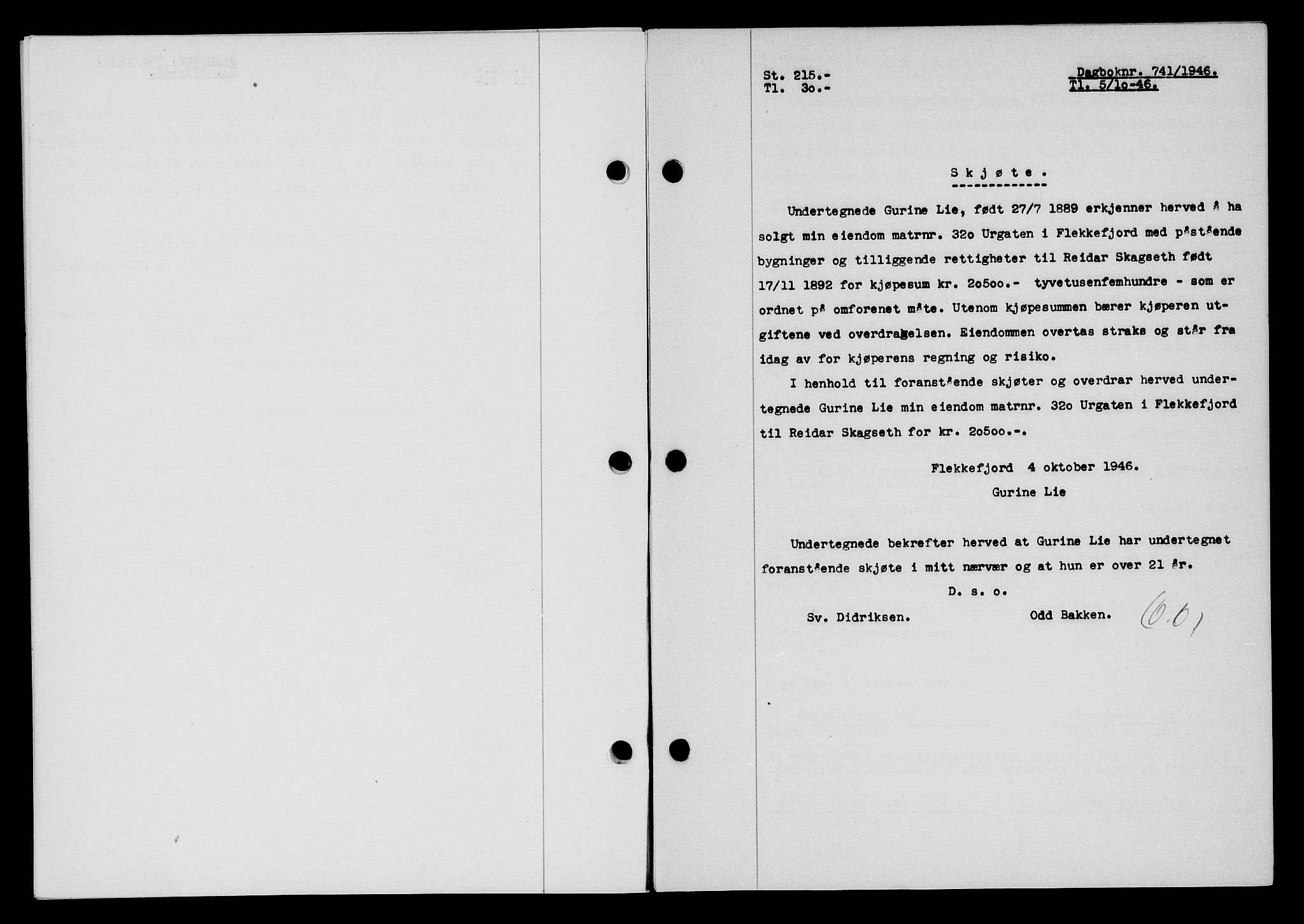 Flekkefjord sorenskriveri, SAK/1221-0001/G/Gb/Gba/L0061: Mortgage book no. A-9, 1946-1947, Diary no: : 741/1946