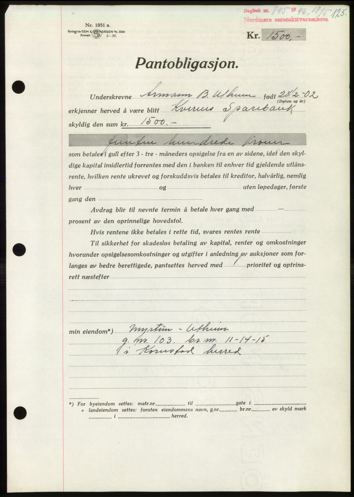 Nordmøre sorenskriveri, AV/SAT-A-4132/1/2/2Ca: Mortgage book no. B94, 1946-1946, Diary no: : 845/1946