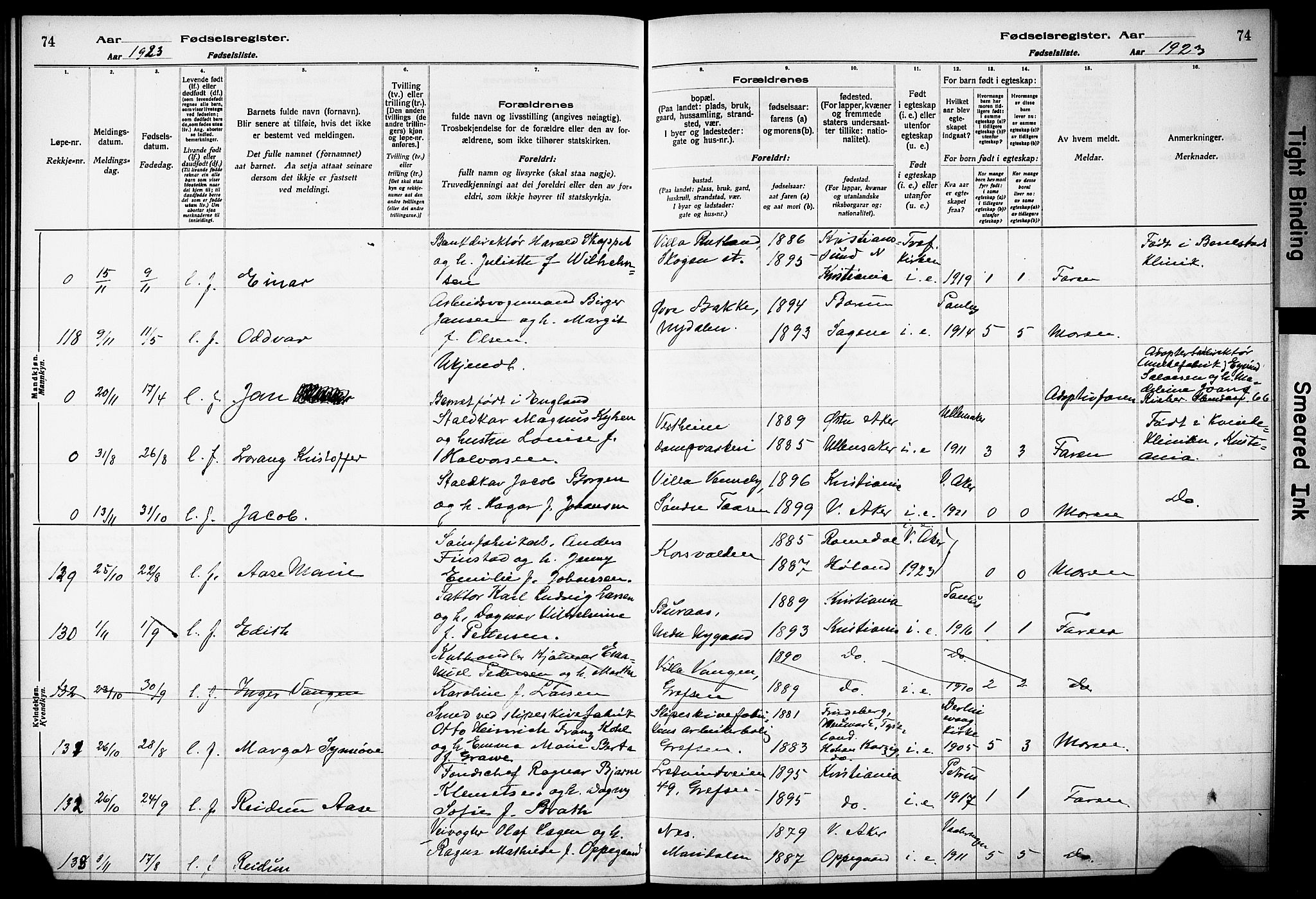 Vestre Aker prestekontor Kirkebøker, AV/SAO-A-10025/J/Ja/L0002: Birth register no. 2, 1922-1926, p. 74