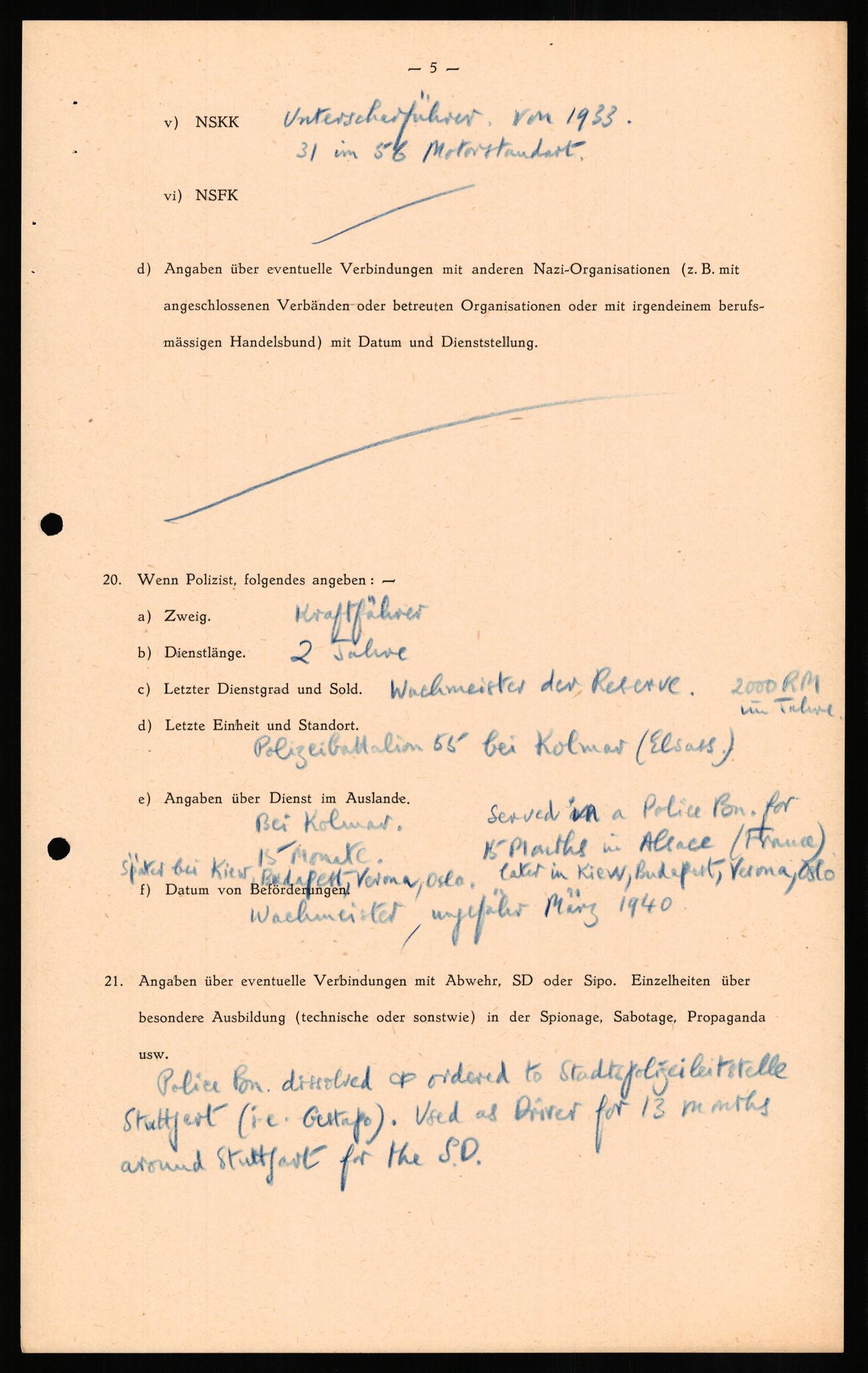 Forsvaret, Forsvarets overkommando II, RA/RAFA-3915/D/Db/L0021: CI Questionaires. Tyske okkupasjonsstyrker i Norge. Tyskere., 1945-1946, p. 280