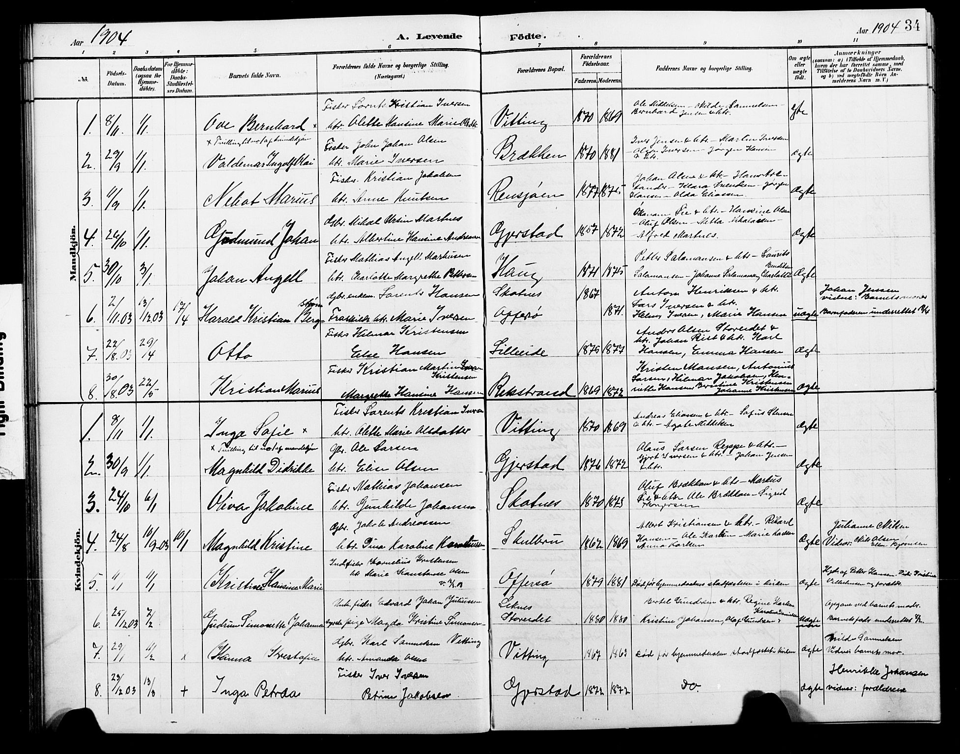 Ministerialprotokoller, klokkerbøker og fødselsregistre - Nordland, AV/SAT-A-1459/881/L1168: Parish register (copy) no. 881C05, 1900-1911, p. 34