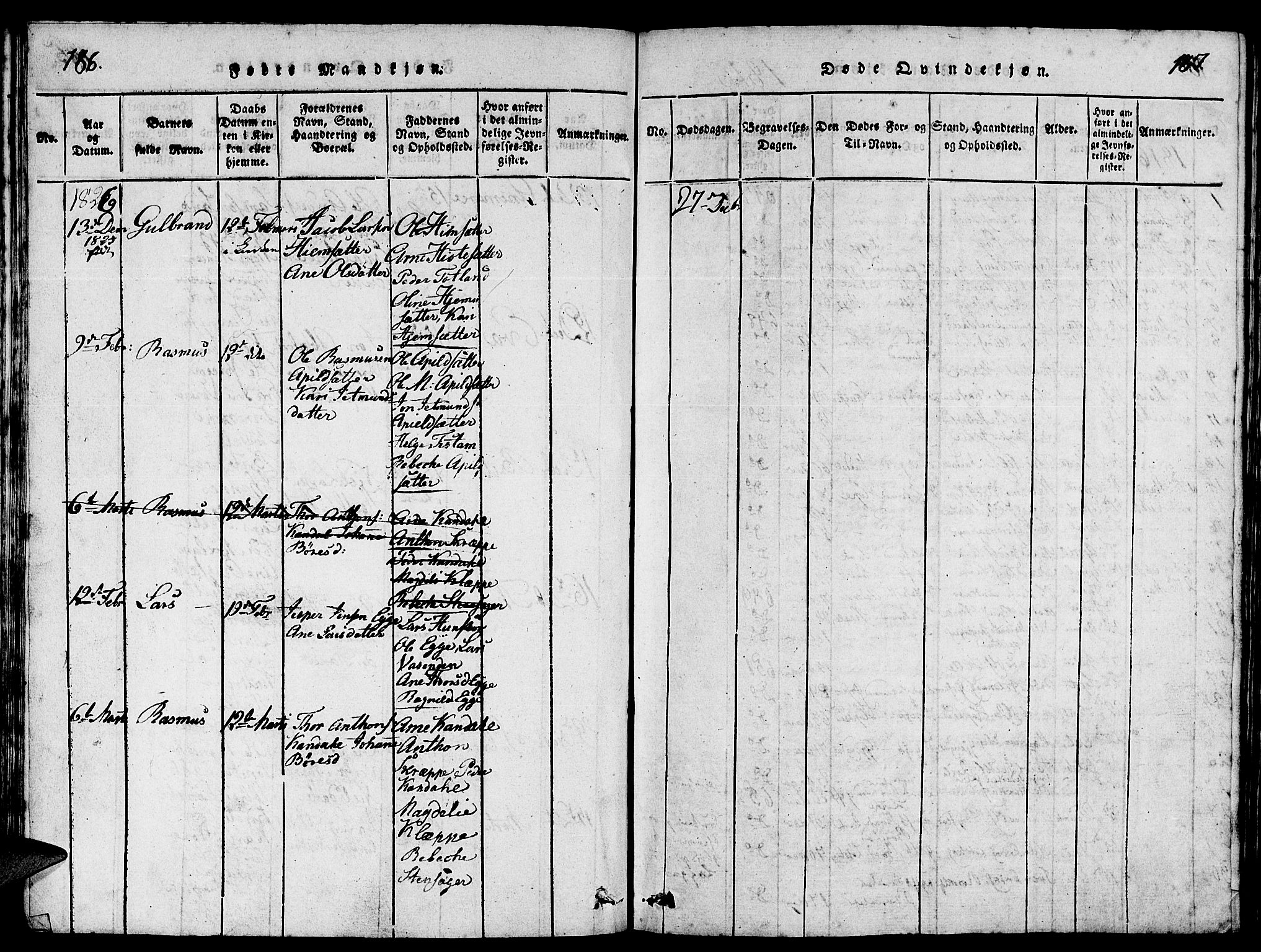 Gloppen sokneprestembete, SAB/A-80101/H/Hab/Haba/L0001: Parish register (copy) no. A 1, 1816-1827, p. 186-187
