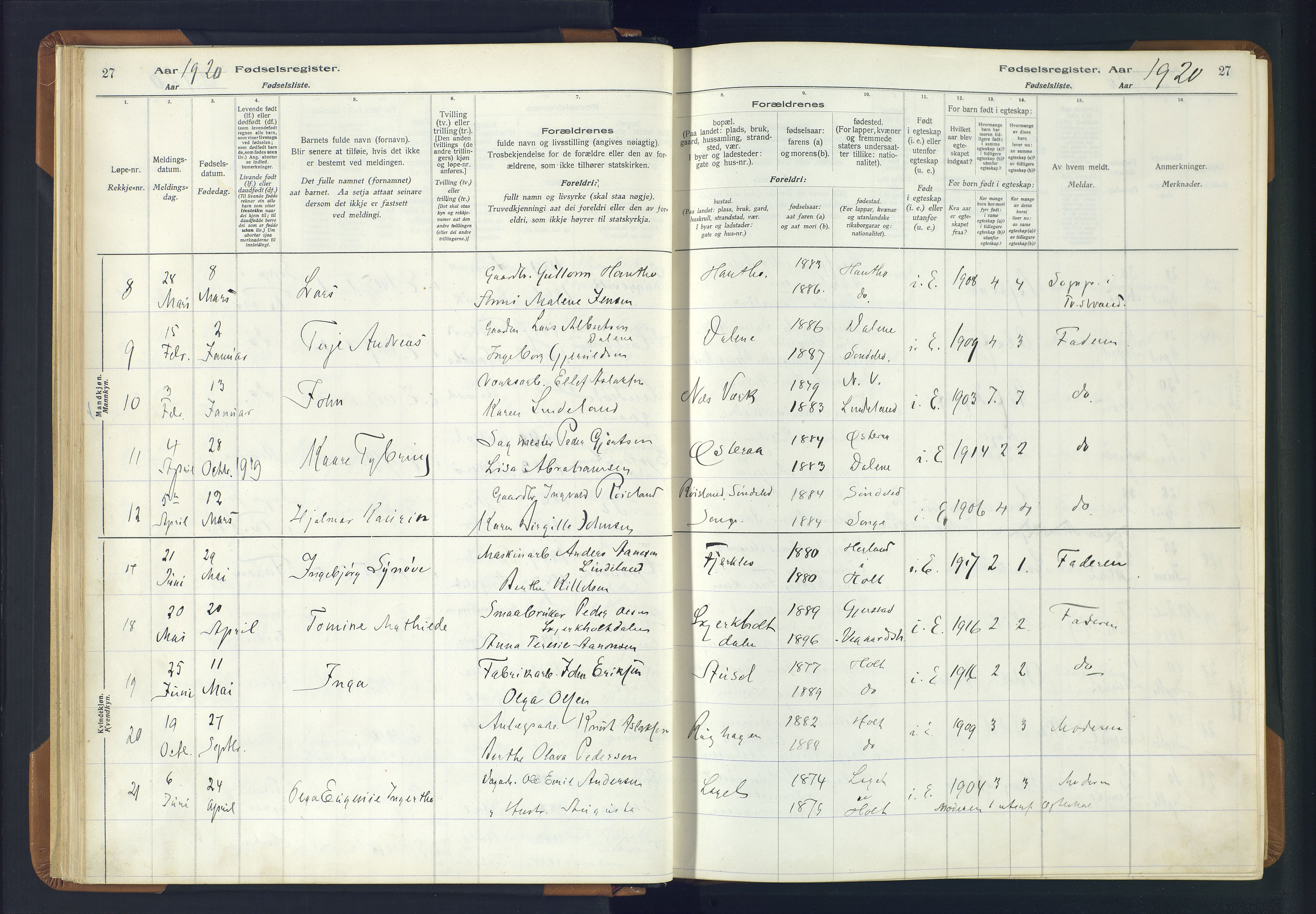 Holt sokneprestkontor, SAK/1111-0021/J/Ja/L0001: Birth register no. II.4.1, 1916-1946, p. 27