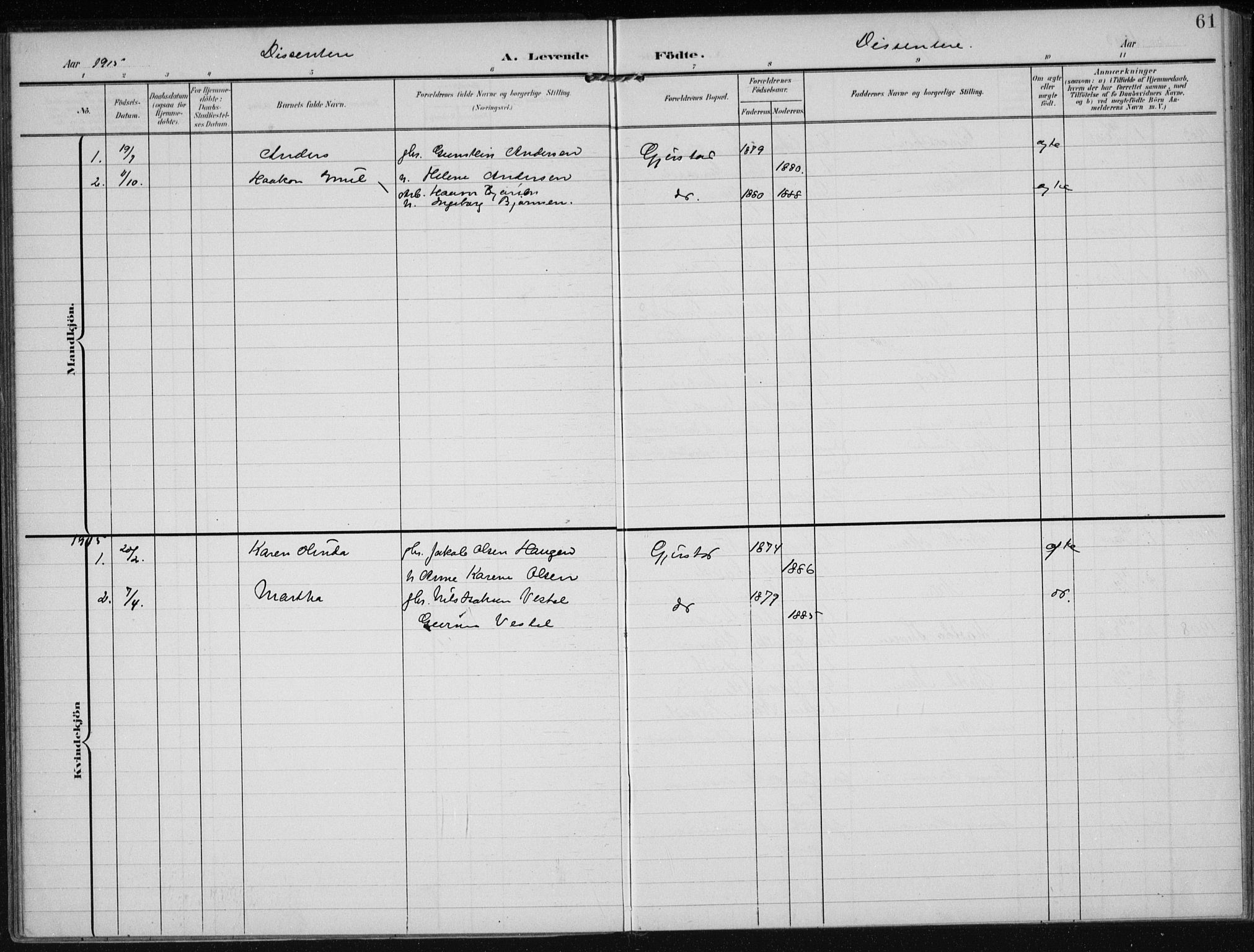 Gjerstad sokneprestkontor, AV/SAK-1111-0014/F/Fa/Faa/L0011: Parish register (official) no. A 11, 1903-1914, p. 61