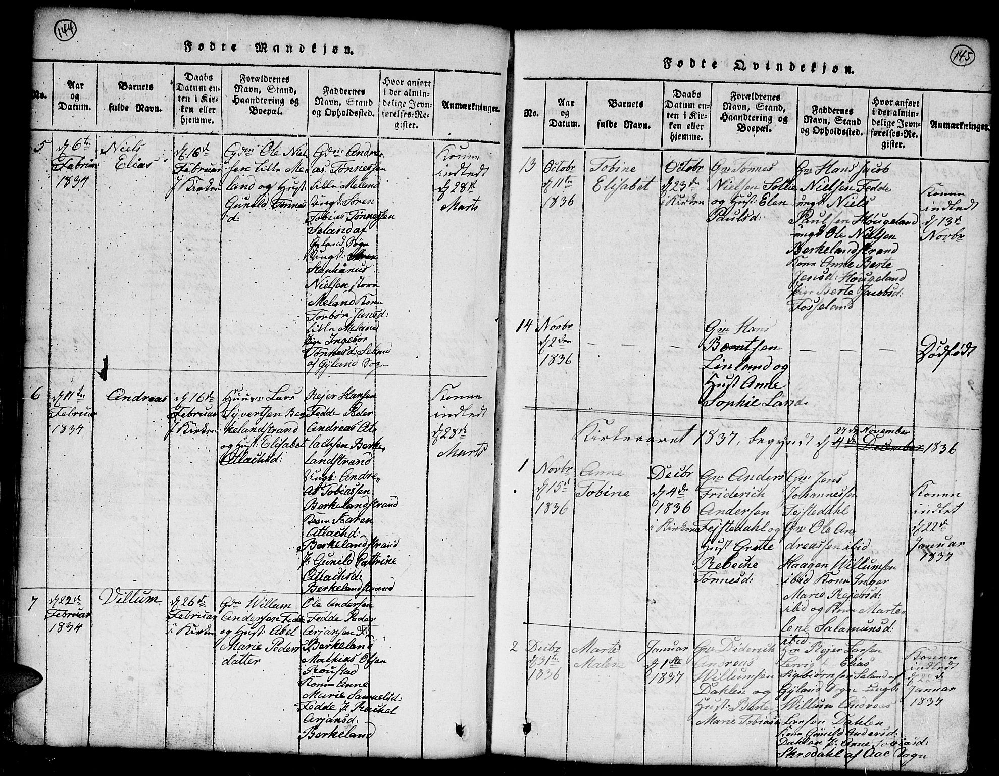 Kvinesdal sokneprestkontor, SAK/1111-0026/F/Fb/Fba/L0001: Parish register (copy) no. B 1, 1815-1839, p. 144-145