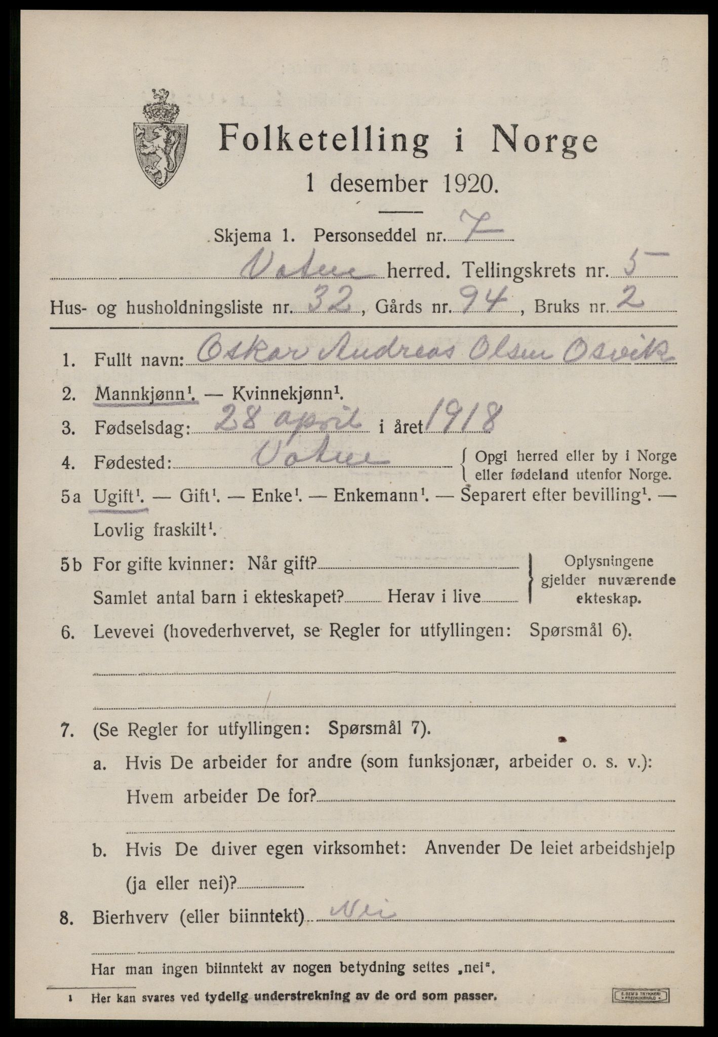 SAT, 1920 census for Vatne, 1920, p. 2642