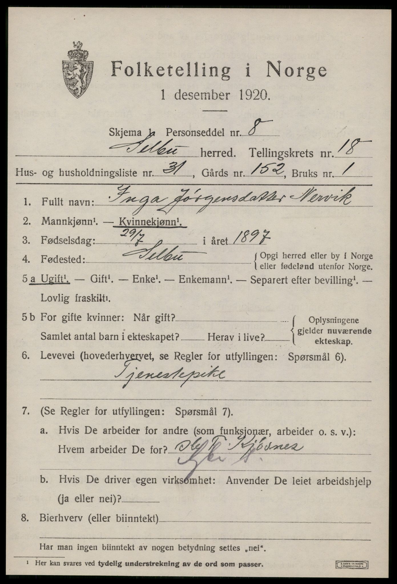SAT, 1920 census for Selbu, 1920, p. 9760