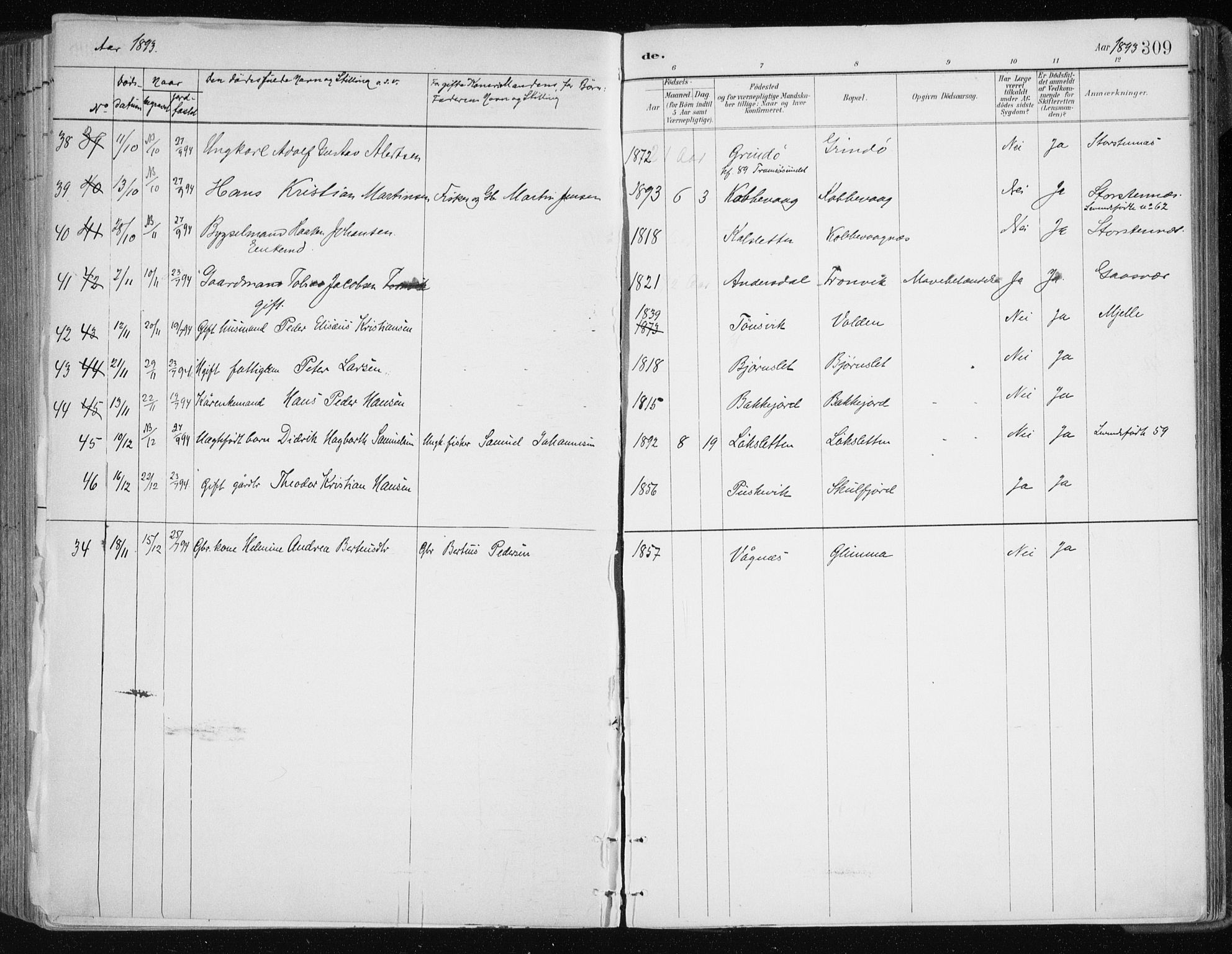 Tromsøysund sokneprestkontor, AV/SATØ-S-1304/G/Ga/L0005kirke: Parish register (official) no. 5, 1888-1896, p. 309