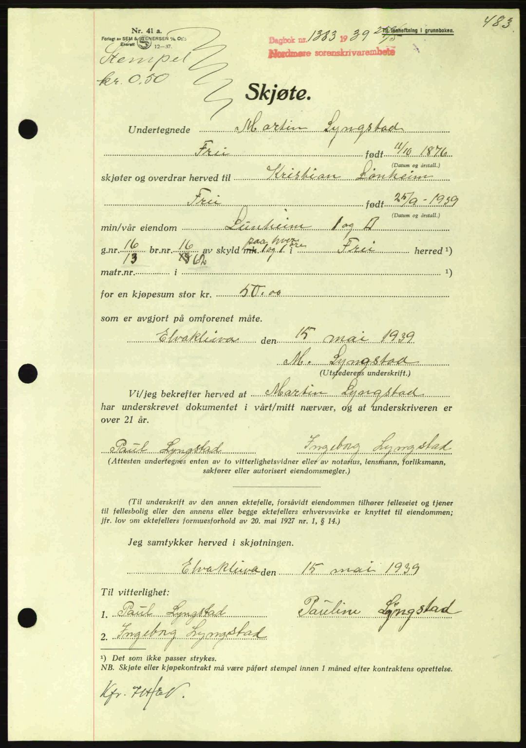 Nordmøre sorenskriveri, AV/SAT-A-4132/1/2/2Ca: Mortgage book no. A86, 1939-1939, Diary no: : 1383/1939