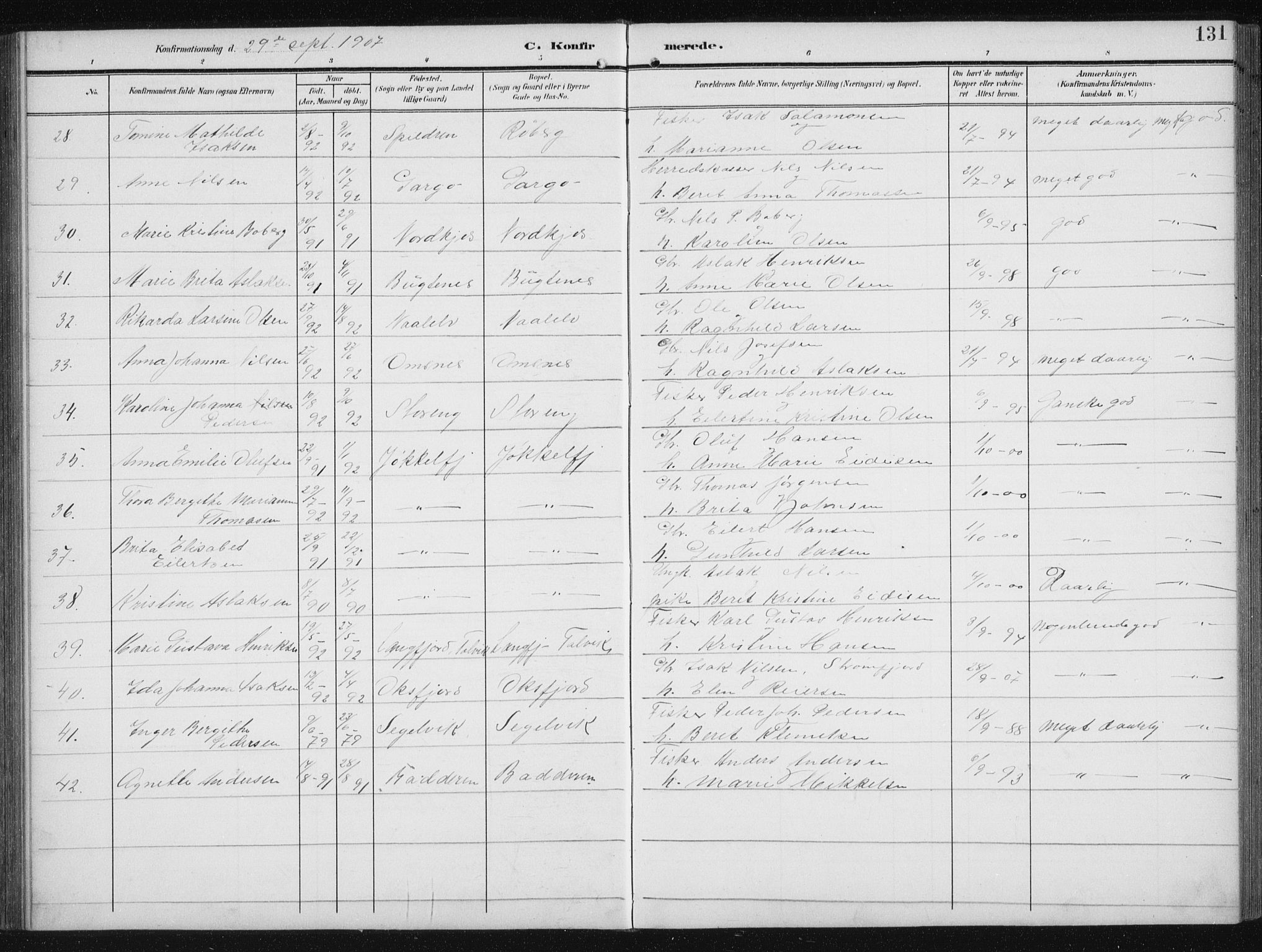 Skjervøy sokneprestkontor, AV/SATØ-S-1300/H/Ha/Hab/L0017klokker: Parish register (copy) no. 17, 1906-1941, p. 131