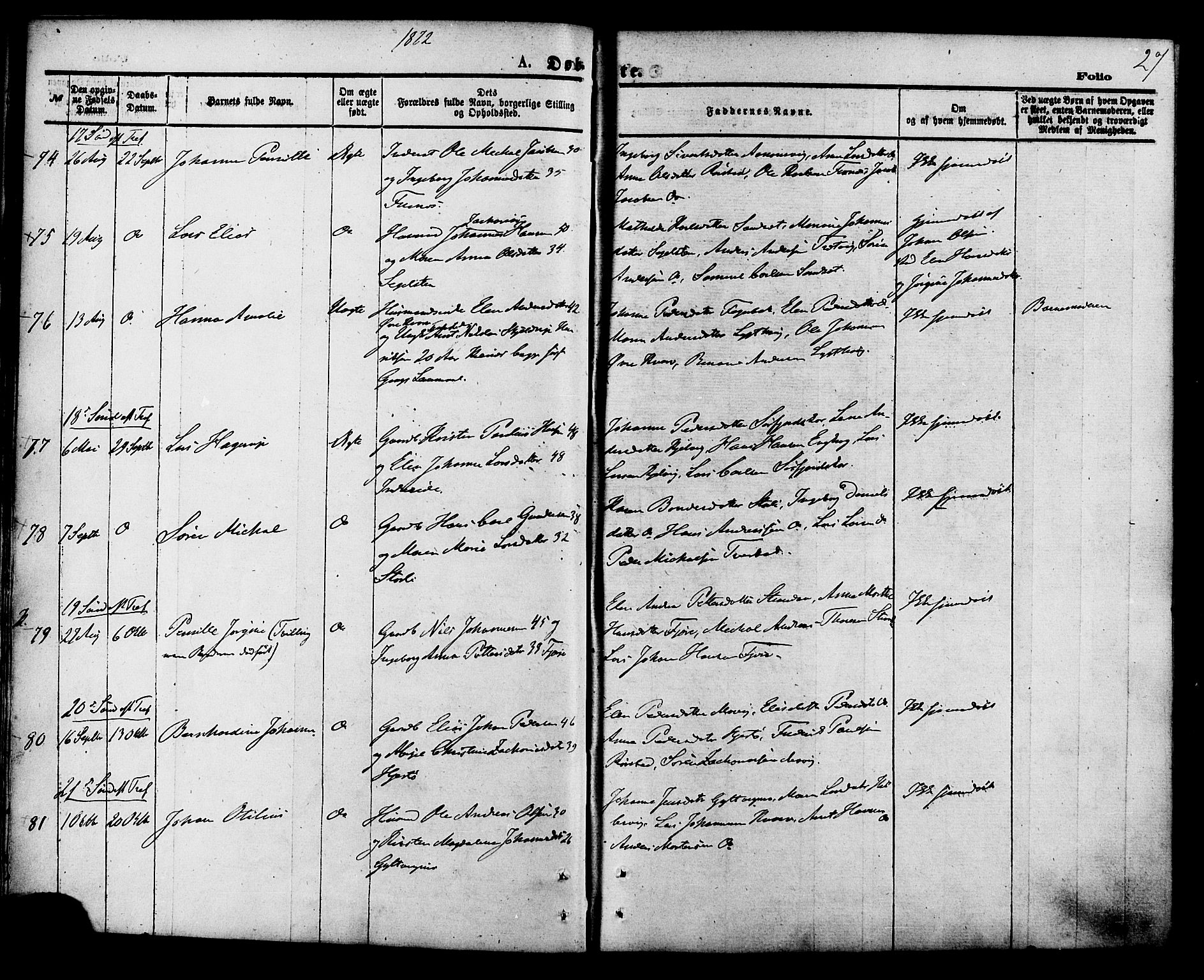 Ministerialprotokoller, klokkerbøker og fødselsregistre - Nordland, SAT/A-1459/853/L0771: Parish register (official) no. 853A10, 1870-1881, p. 27