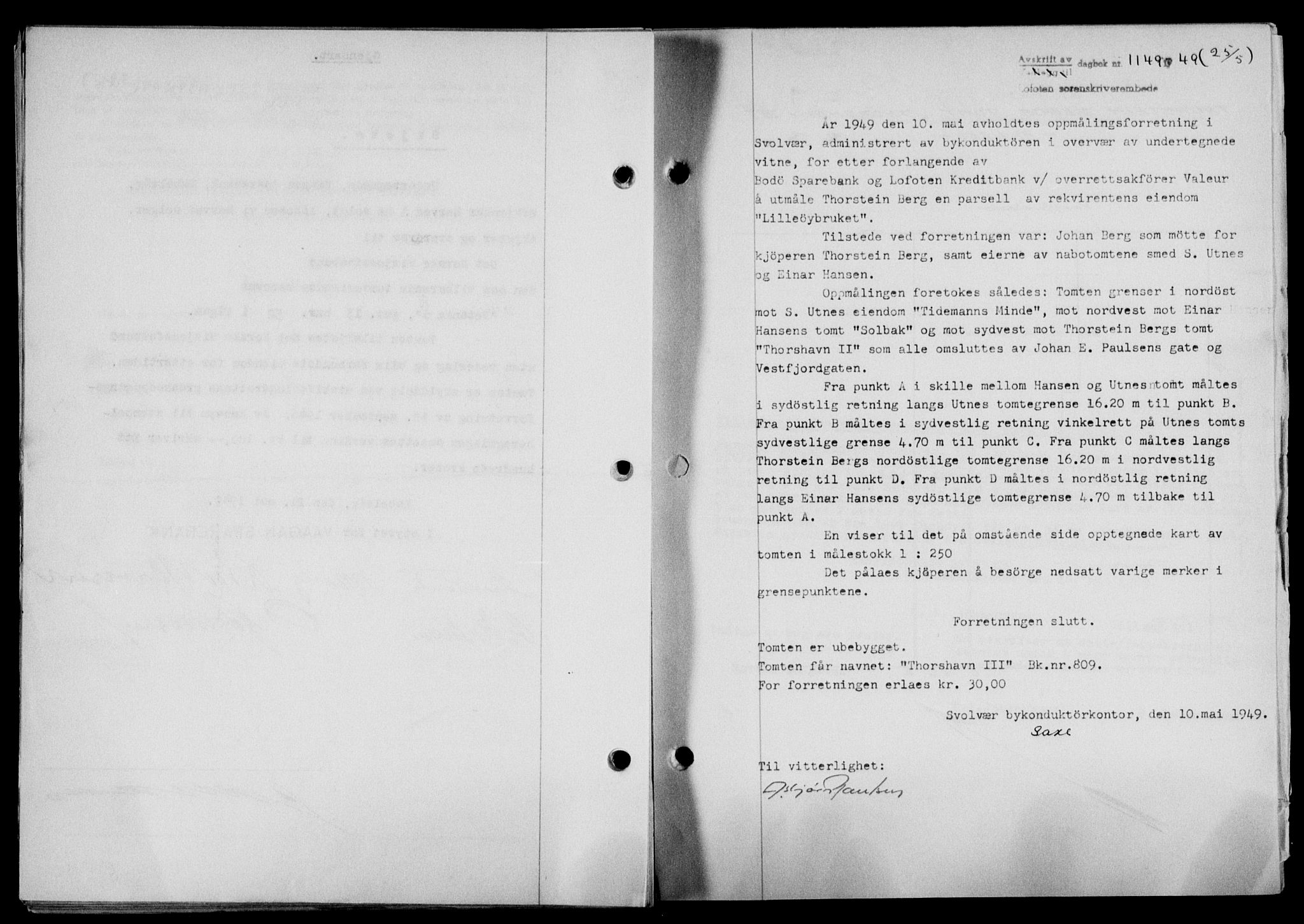 Lofoten sorenskriveri, SAT/A-0017/1/2/2C/L0020a: Mortgage book no. 20a, 1948-1949, Diary no: : 1149/1949