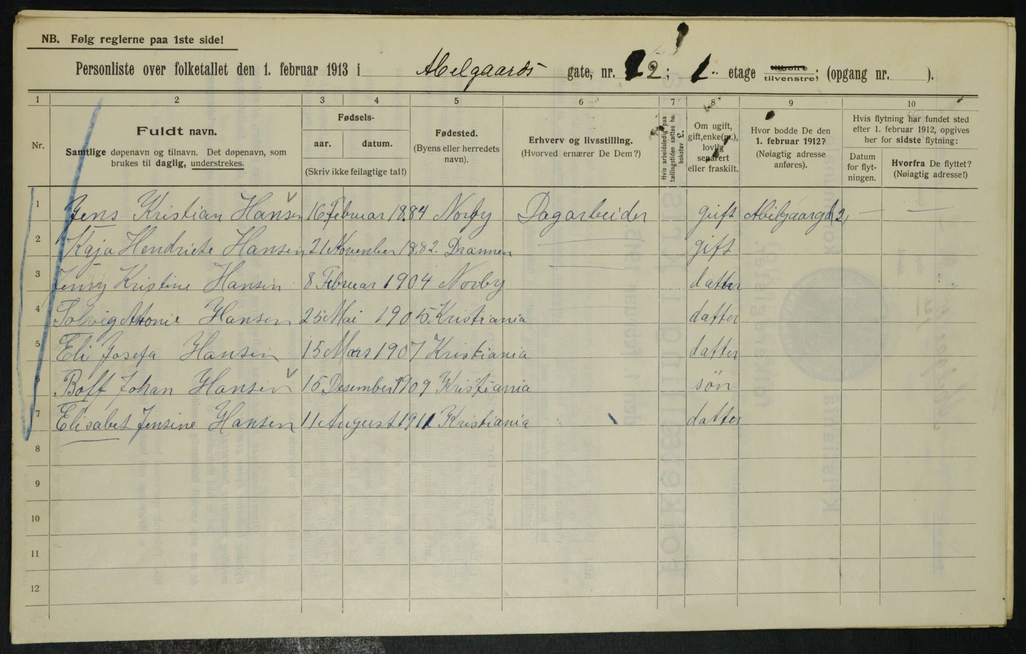 OBA, Municipal Census 1913 for Kristiania, 1913, p. 8