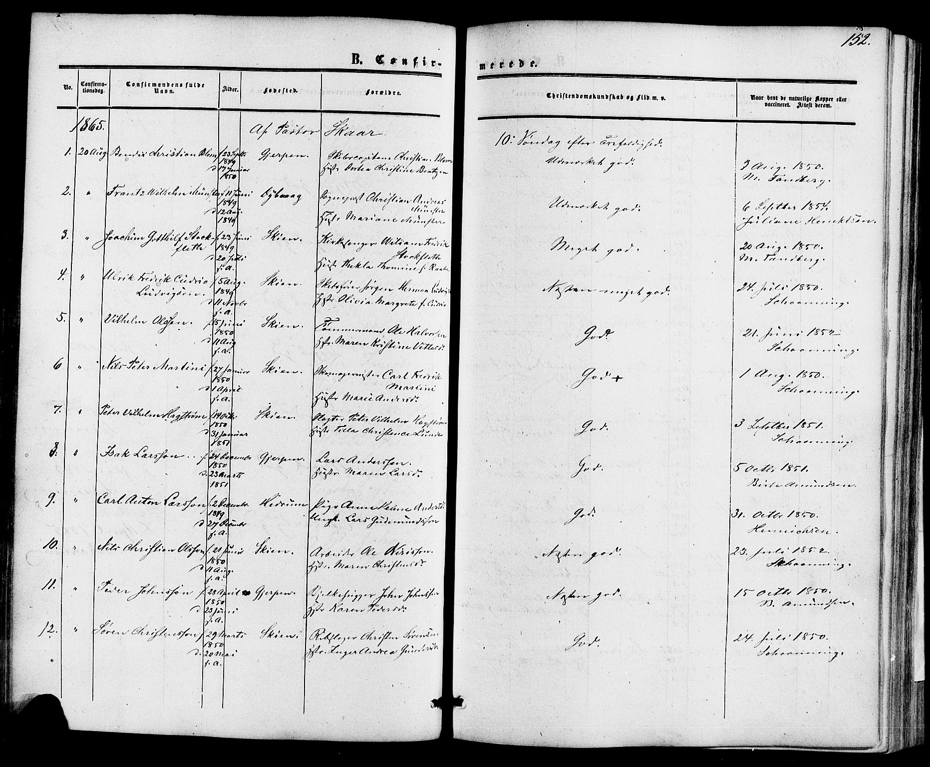 Skien kirkebøker, AV/SAKO-A-302/F/Fa/L0007: Parish register (official) no. 7, 1856-1865, p. 152