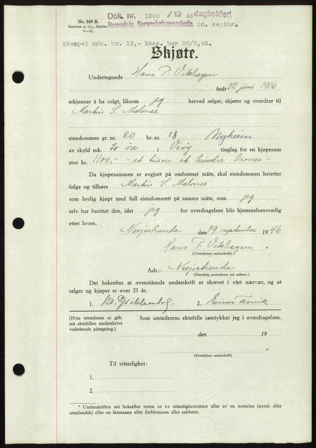 Romsdal sorenskriveri, AV/SAT-A-4149/1/2/2C: Mortgage book no. A21, 1946-1946, Diary no: : 1960/1946