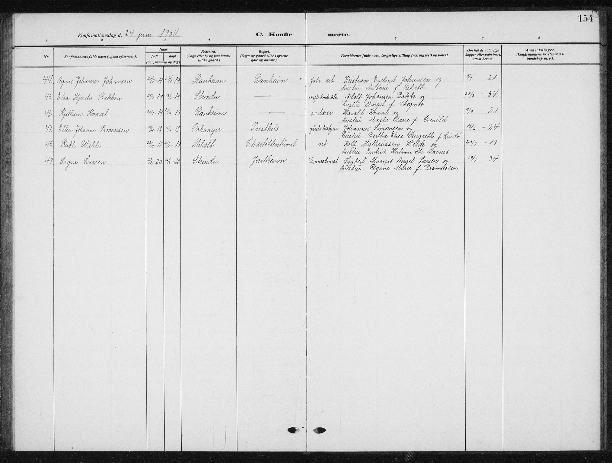 Ministerialprotokoller, klokkerbøker og fødselsregistre - Sør-Trøndelag, SAT/A-1456/615/L0401: Parish register (copy) no. 615C02, 1922-1941, p. 154