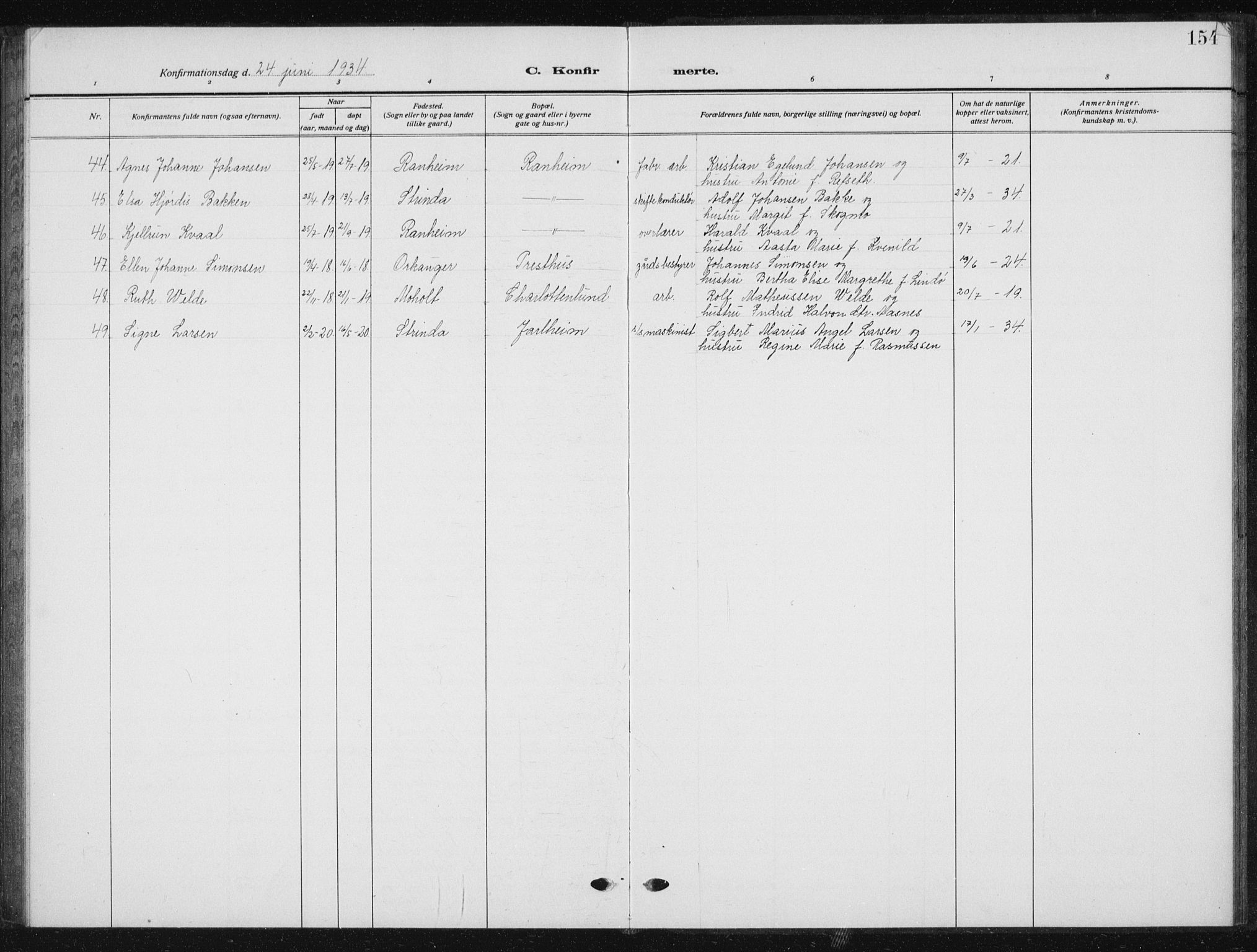 Ministerialprotokoller, klokkerbøker og fødselsregistre - Sør-Trøndelag, AV/SAT-A-1456/615/L0401: Parish register (copy) no. 615C02, 1922-1941, p. 154