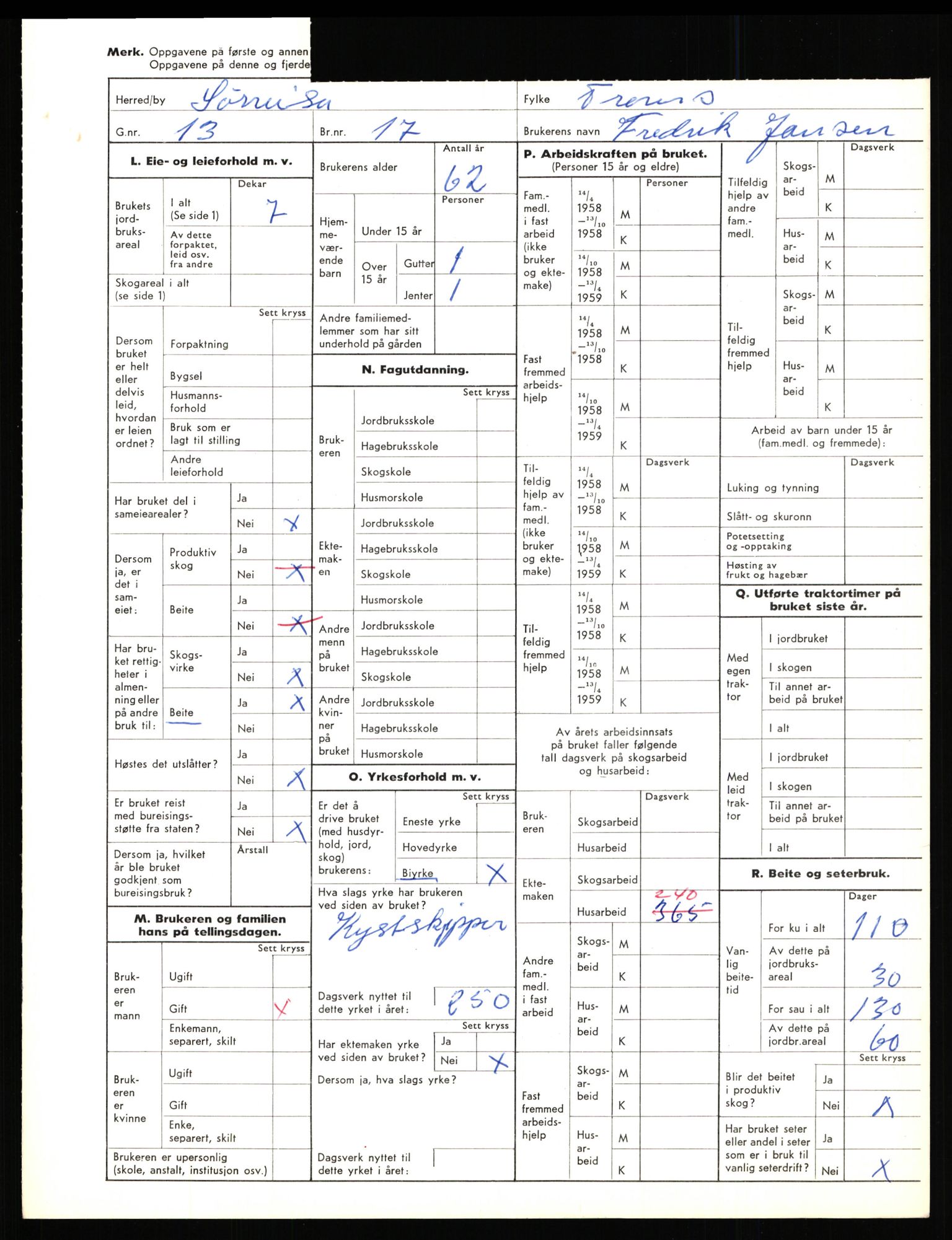 Statistisk sentralbyrå, Næringsøkonomiske emner, Jordbruk, skogbruk, jakt, fiske og fangst, AV/RA-S-2234/G/Gd/L0656: Troms: 1924 Målselv (kl. 0-3) og 1925 Sørreisa, 1959, p. 1389