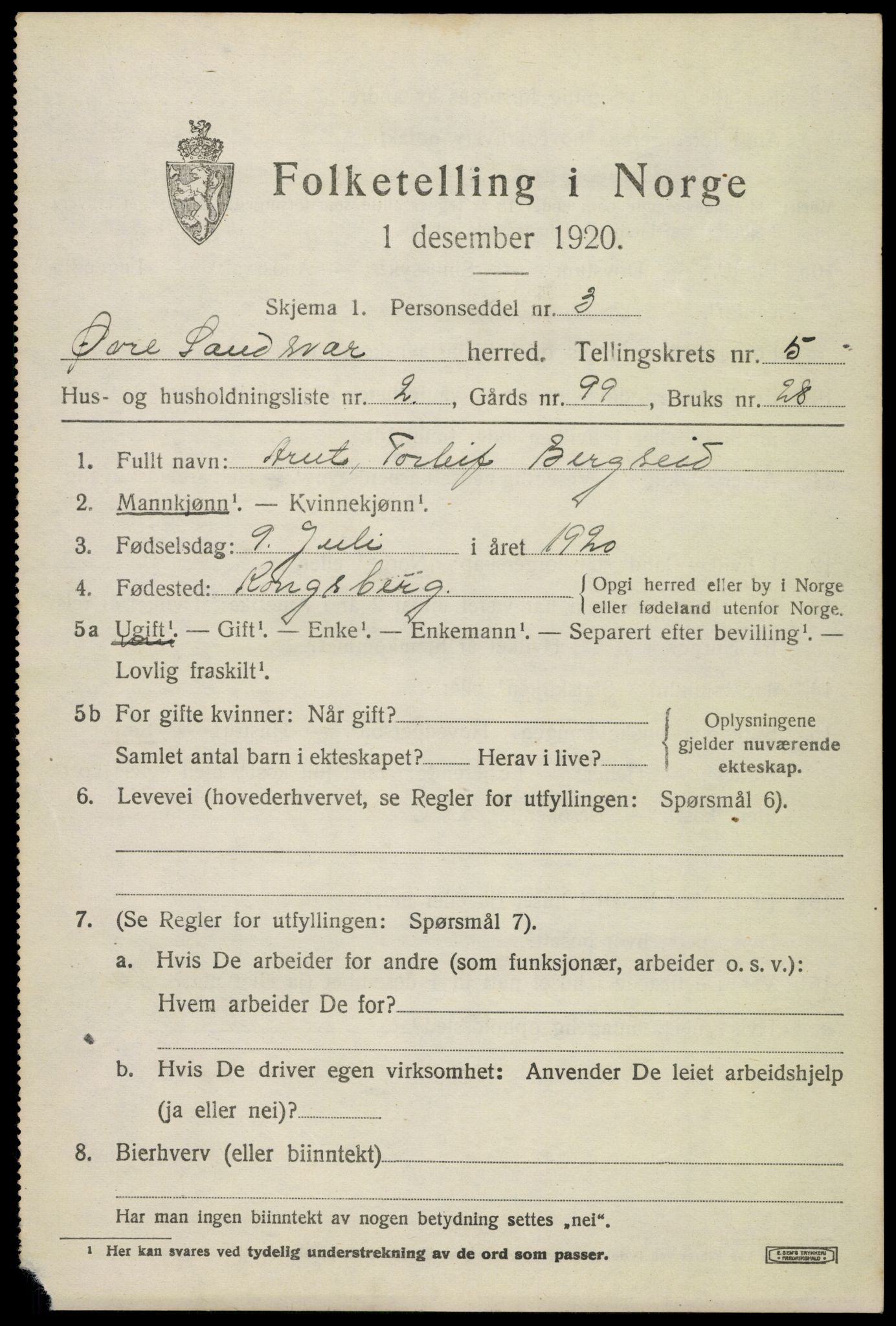 SAKO, 1920 census for Øvre Sandsvær, 1920, p. 2854
