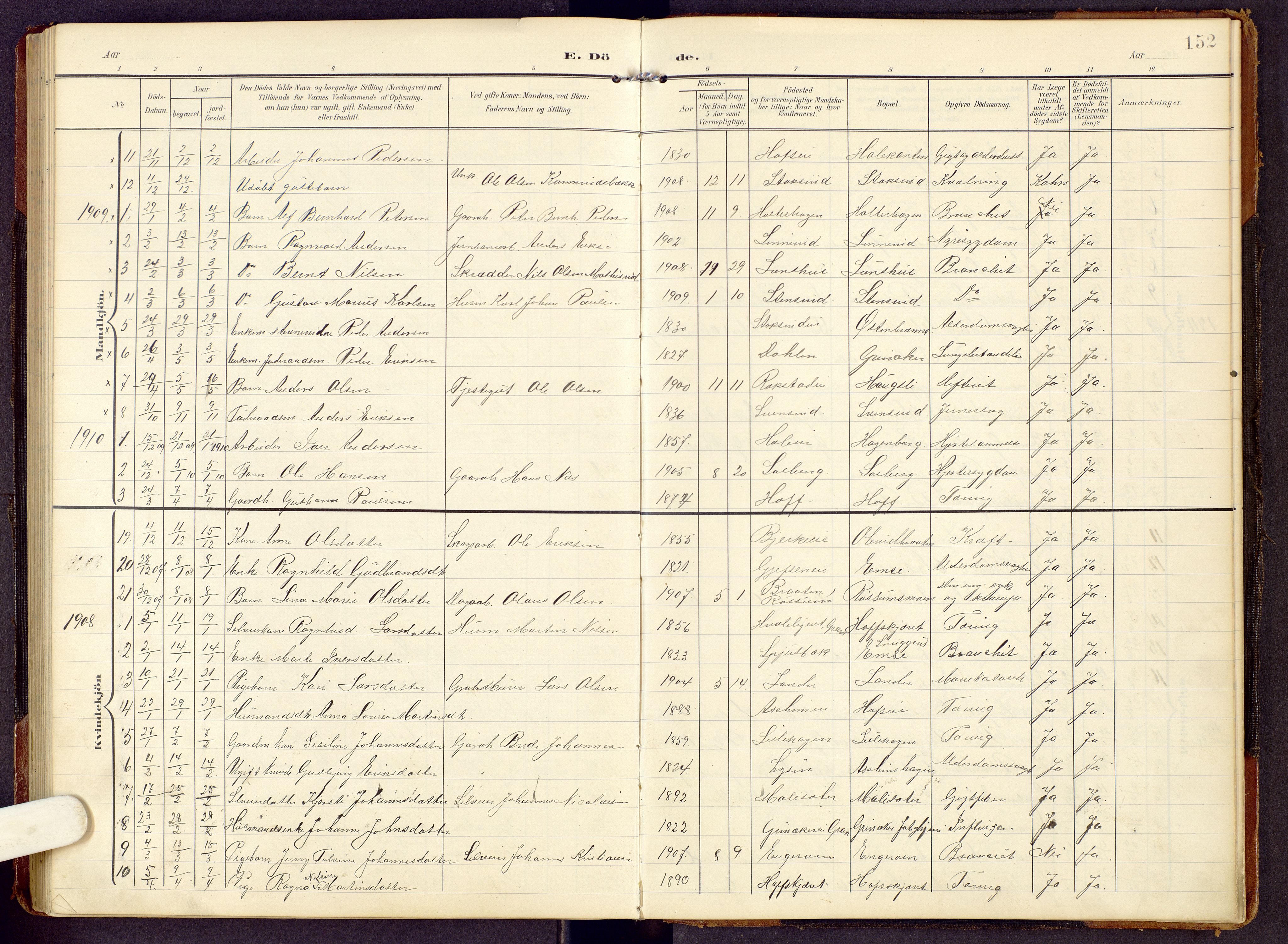 Brandbu prestekontor, SAH/PREST-114/H/Ha/Hab/L0009: Parish register (copy) no. 9, 1903-1916, p. 152