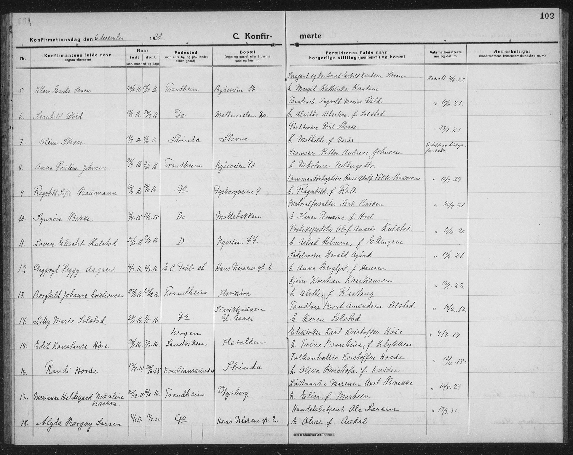 Ministerialprotokoller, klokkerbøker og fødselsregistre - Sør-Trøndelag, SAT/A-1456/603/L0175: Parish register (copy) no. 603C03, 1923-1941, p. 102