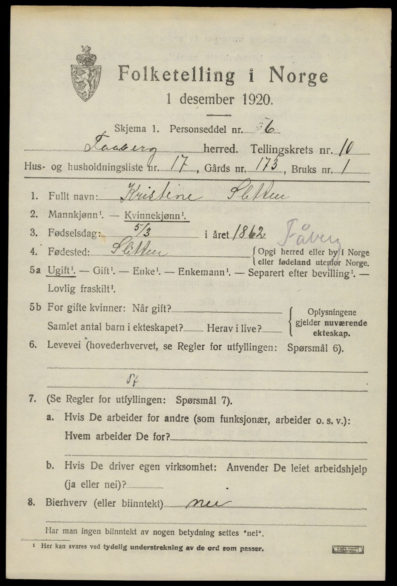 SAH, 1920 census for Fåberg, 1920, p. 11830