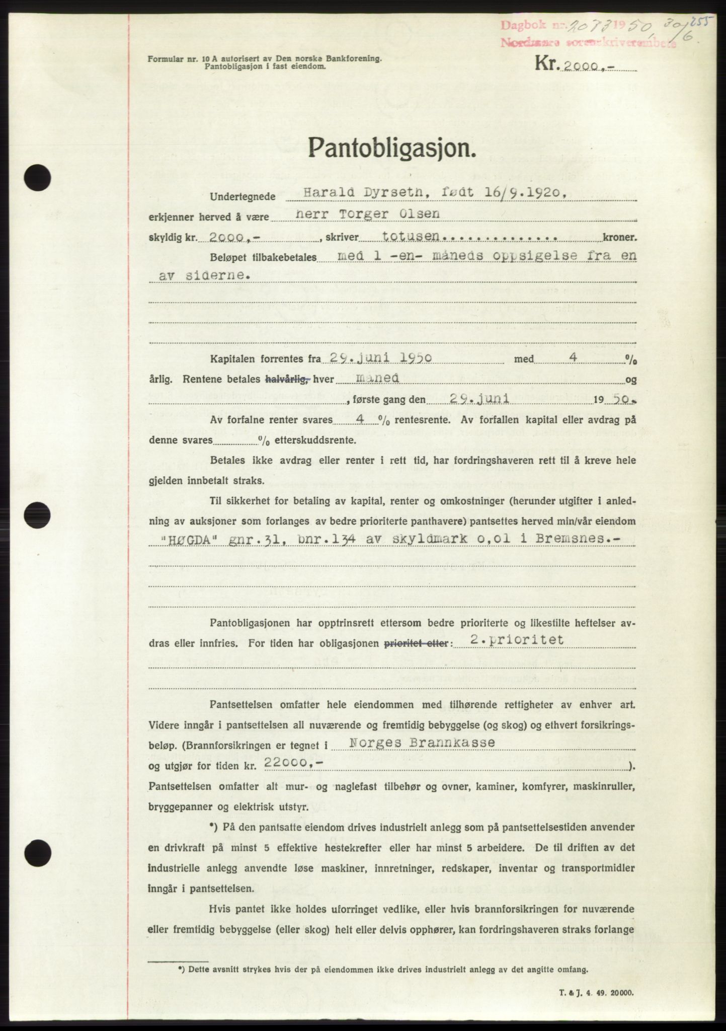 Nordmøre sorenskriveri, AV/SAT-A-4132/1/2/2Ca: Mortgage book no. B105, 1950-1950, Diary no: : 2073/1950