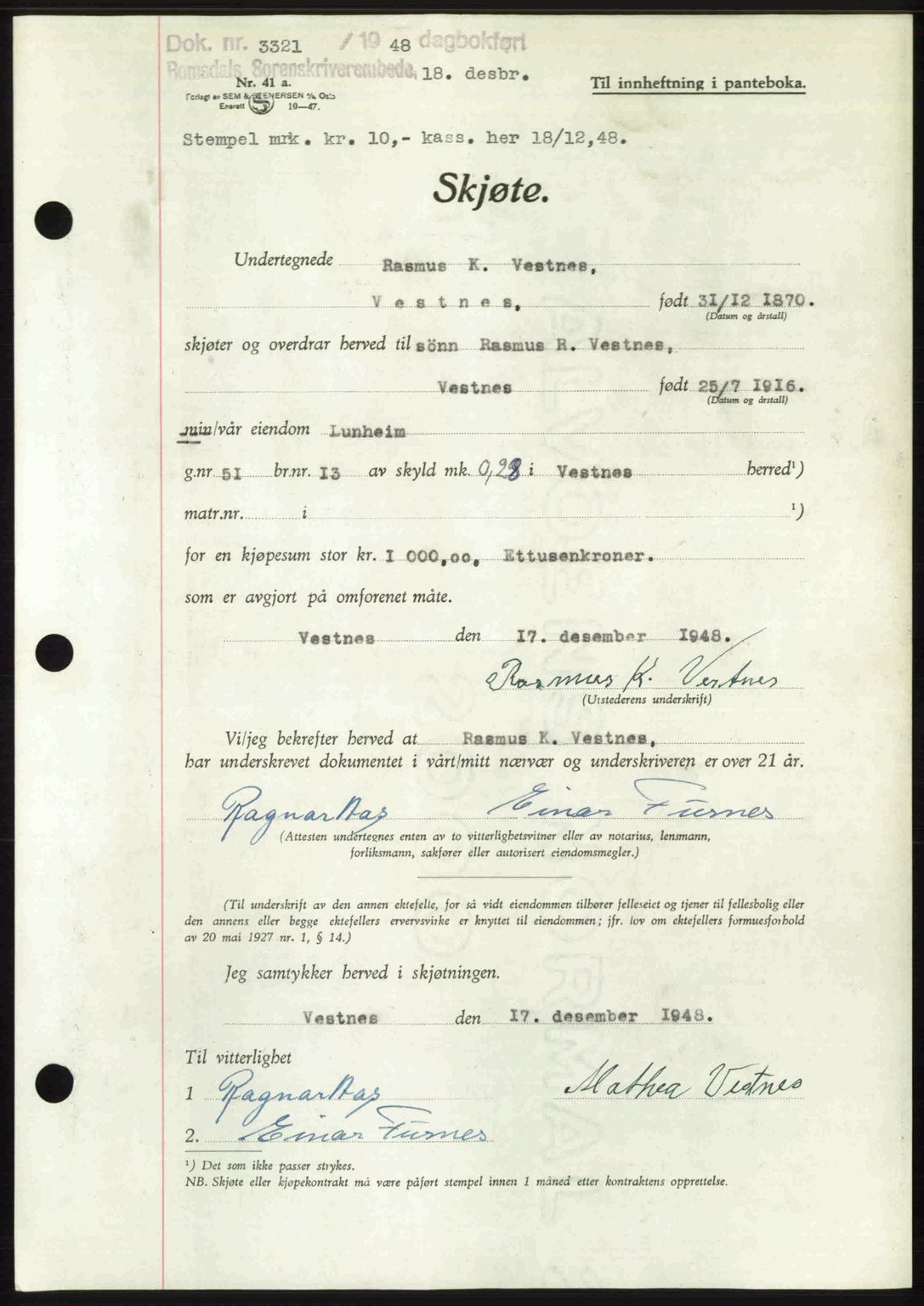 Romsdal sorenskriveri, AV/SAT-A-4149/1/2/2C: Mortgage book no. A28, 1948-1949, Diary no: : 3321/1948