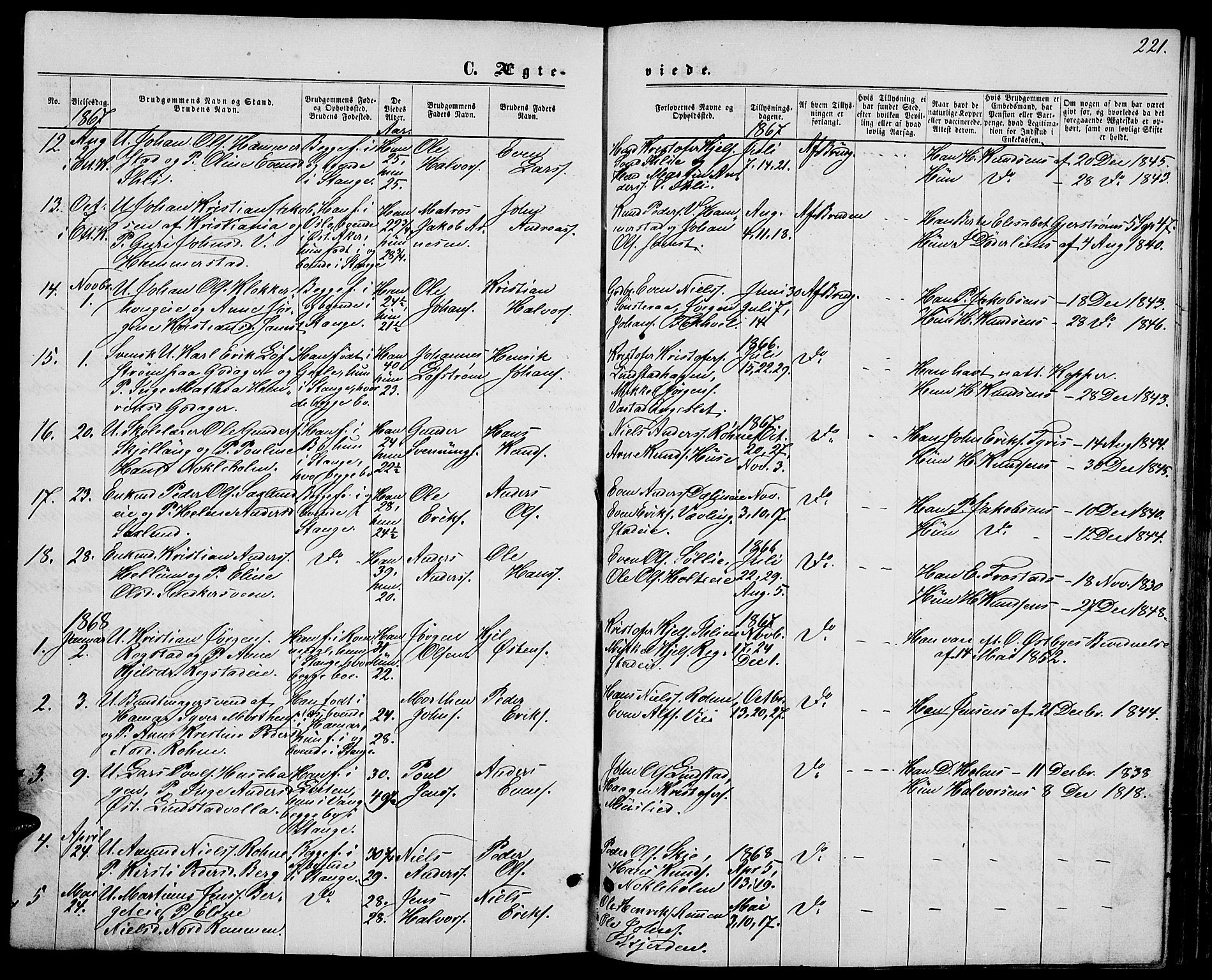 Stange prestekontor, SAH/PREST-002/L/L0006: Parish register (copy) no. 6, 1864-1882, p. 221