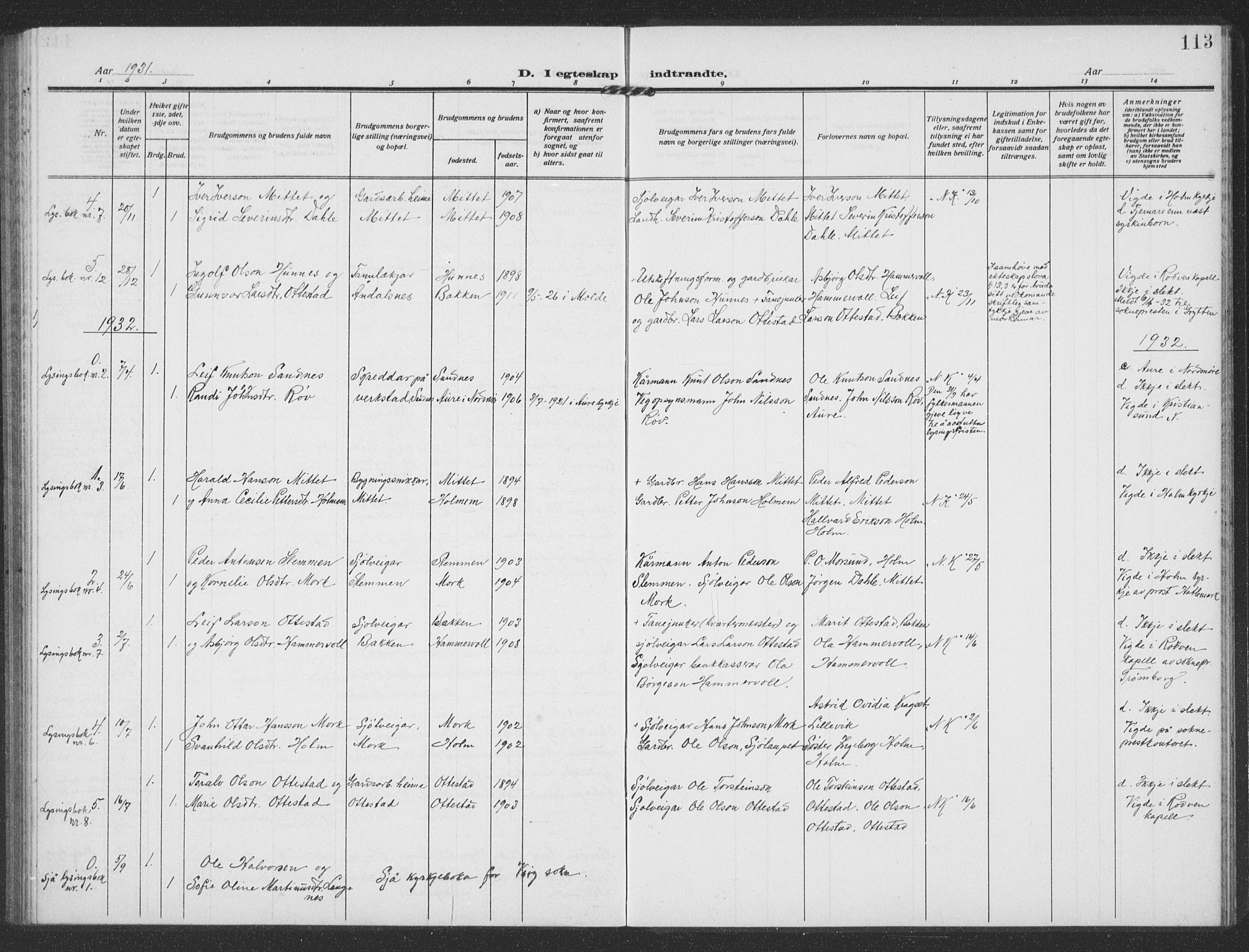 Ministerialprotokoller, klokkerbøker og fødselsregistre - Møre og Romsdal, SAT/A-1454/549/L0615: Parish register (copy) no. 549C01, 1905-1932, p. 113