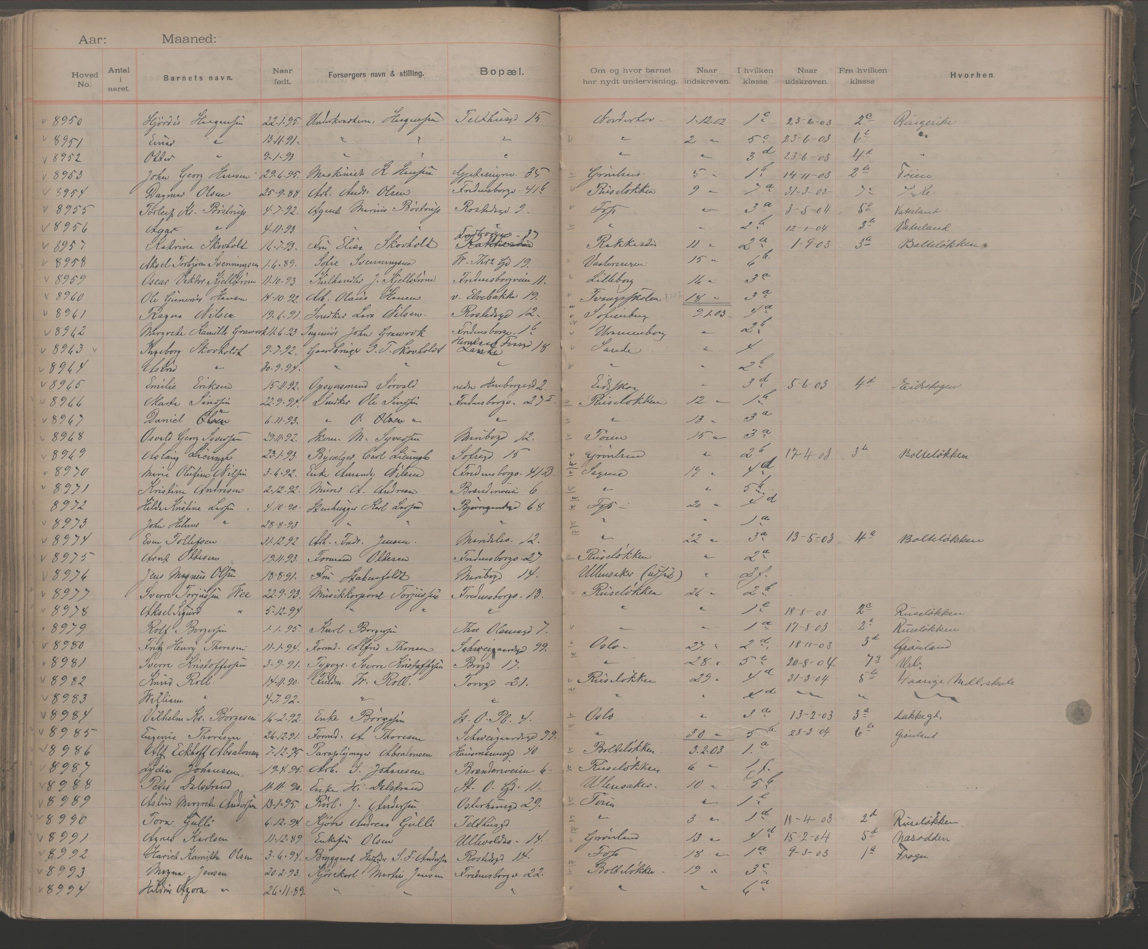 Møllergata skole, OBA/A-20129/F/Fa/L0001: Ut-/innskrivningsprotokoll, 1889-1907, p. 205