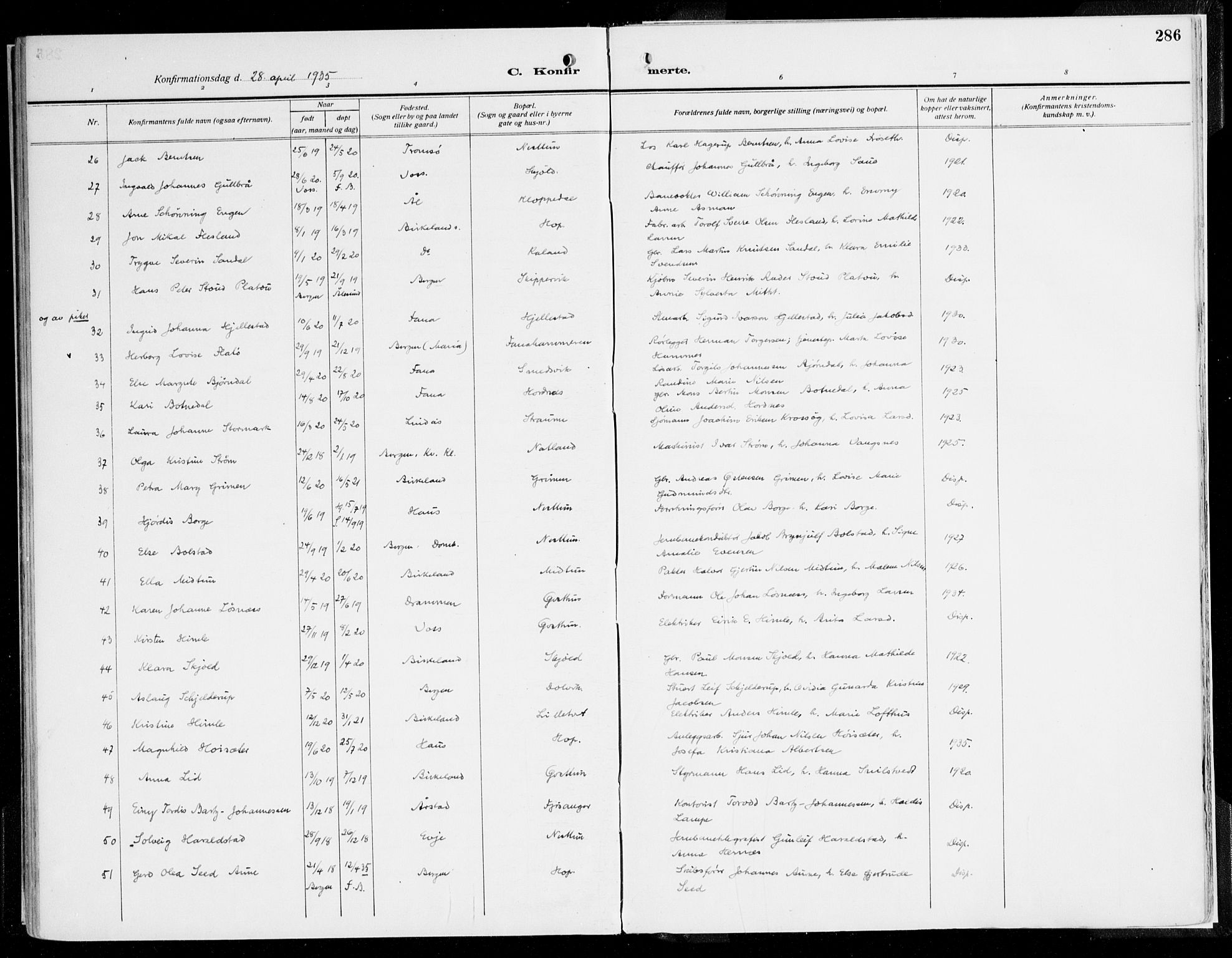 Fana Sokneprestembete, AV/SAB-A-75101/H/Haa/Haaj/L0001: Parish register (official) no. J 1, 1921-1935, p. 286