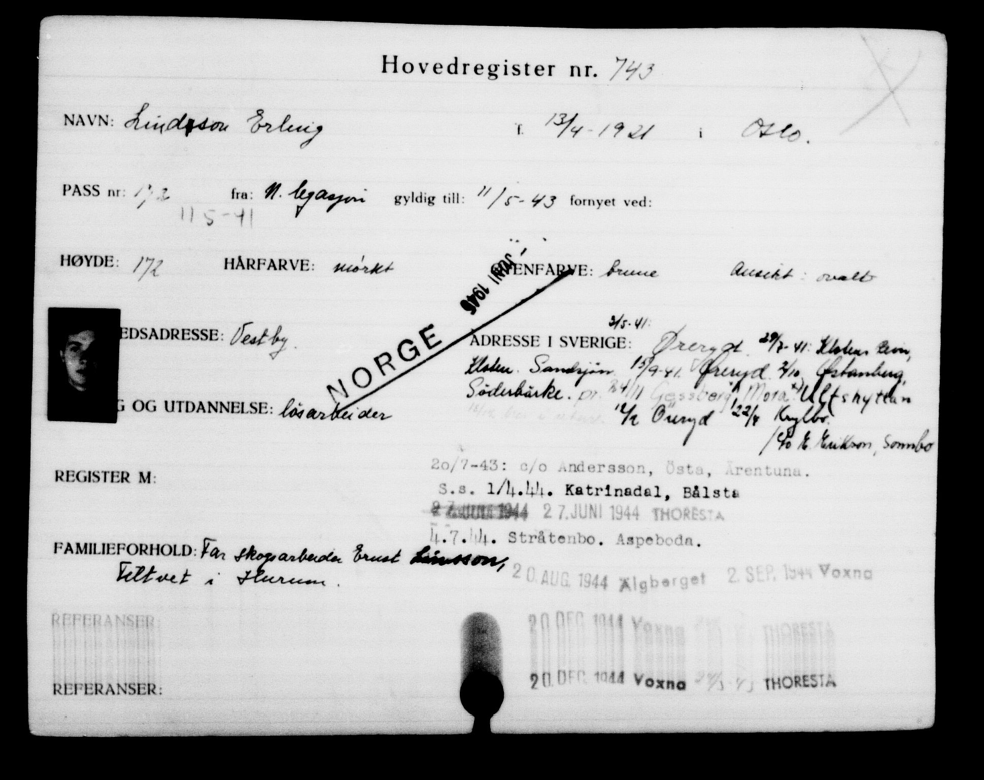 Utenriksstasjonene, Legasjonen i Stockholm, Flyktningkontoret, AV/RA-S-6753/V/Va/L0001: Kjesäterkartoteket, flyktninger med registreringsnr. 1-1000, 1940-1945, p. 1168
