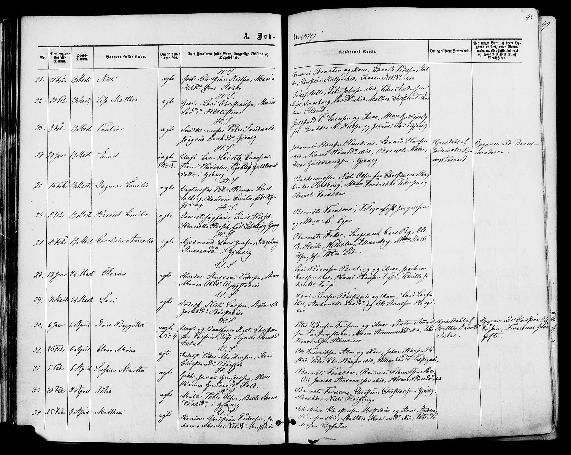 Vardal prestekontor, SAH/PREST-100/H/Ha/Haa/L0007: Parish register (official) no. 7, 1867-1878, p. 45
