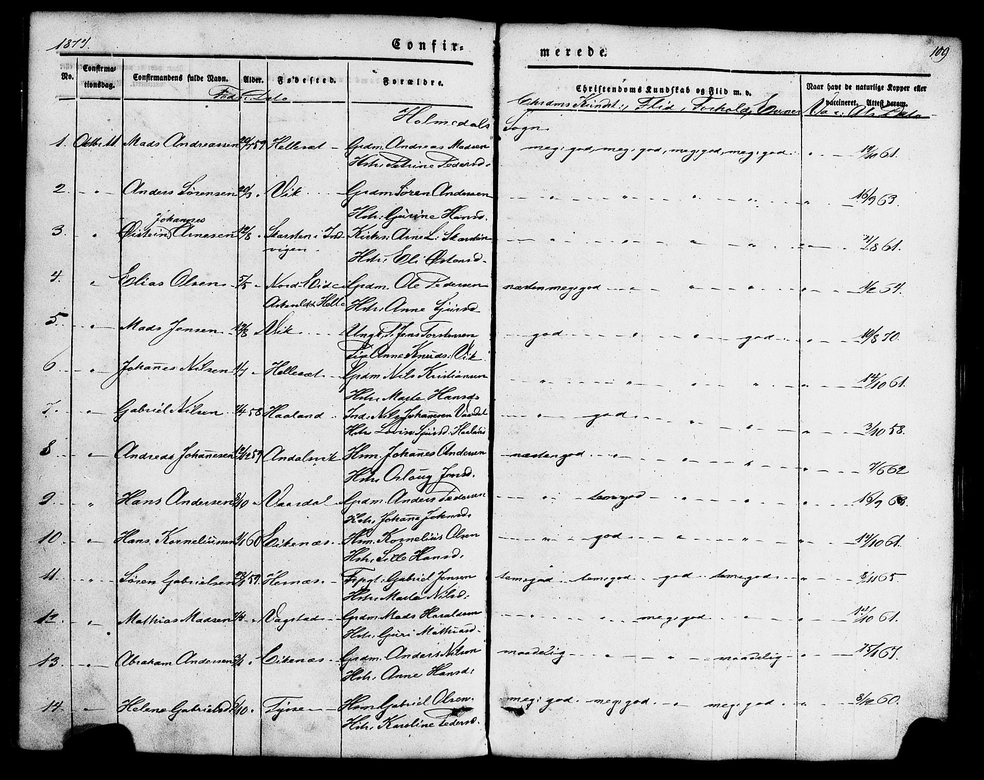 Fjaler sokneprestembete, SAB/A-79801/H/Haa/Haaa/L0008: Parish register (official) no. A 8, 1850-1886, p. 109