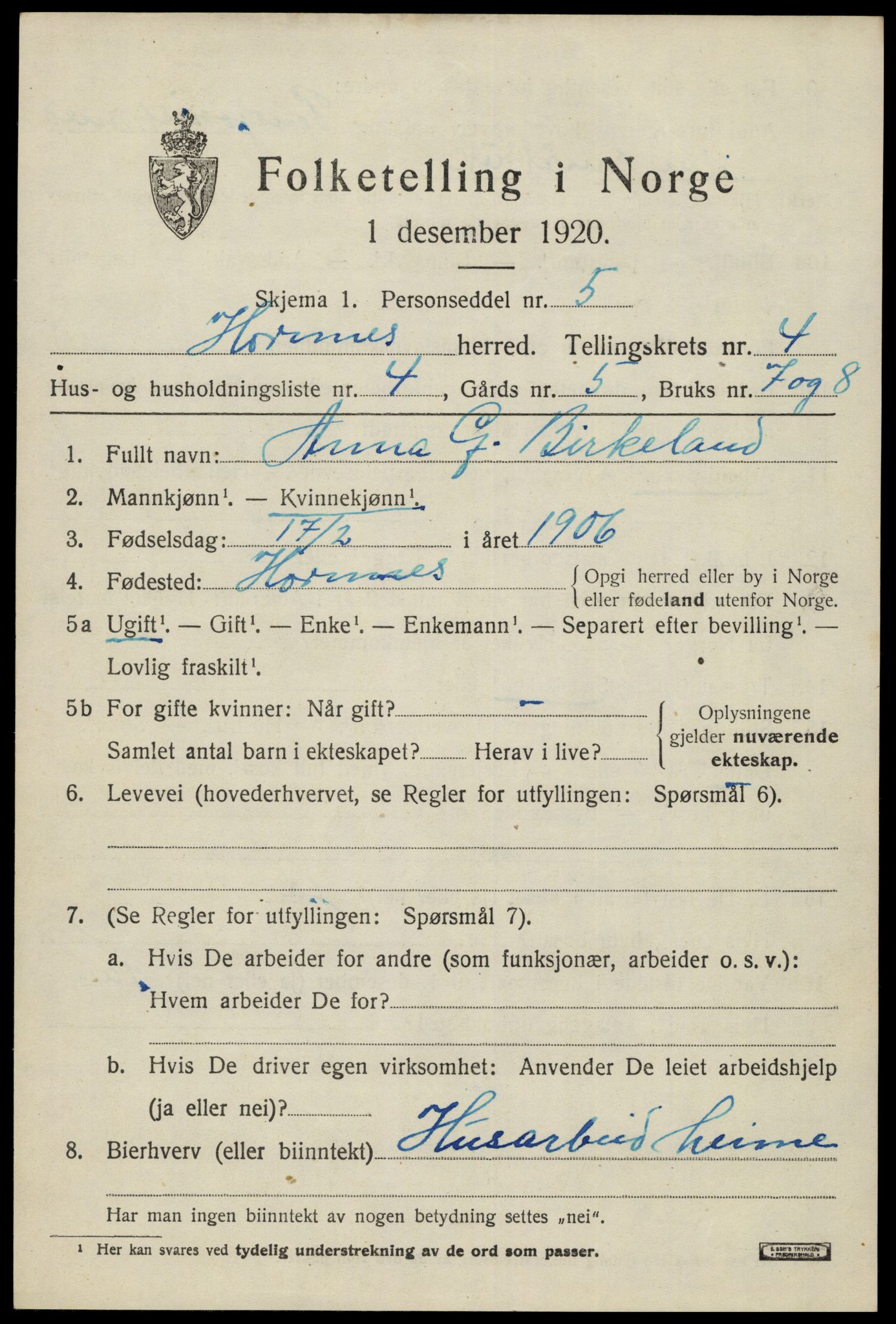SAK, 1920 census for Hornnes, 1920, p. 1181