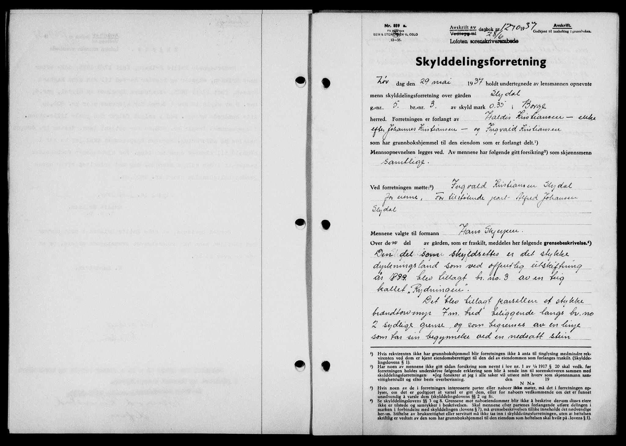 Lofoten sorenskriveri, SAT/A-0017/1/2/2C/L0002a: Mortgage book no. 2a, 1937-1937, Diary no: : 1270/1937