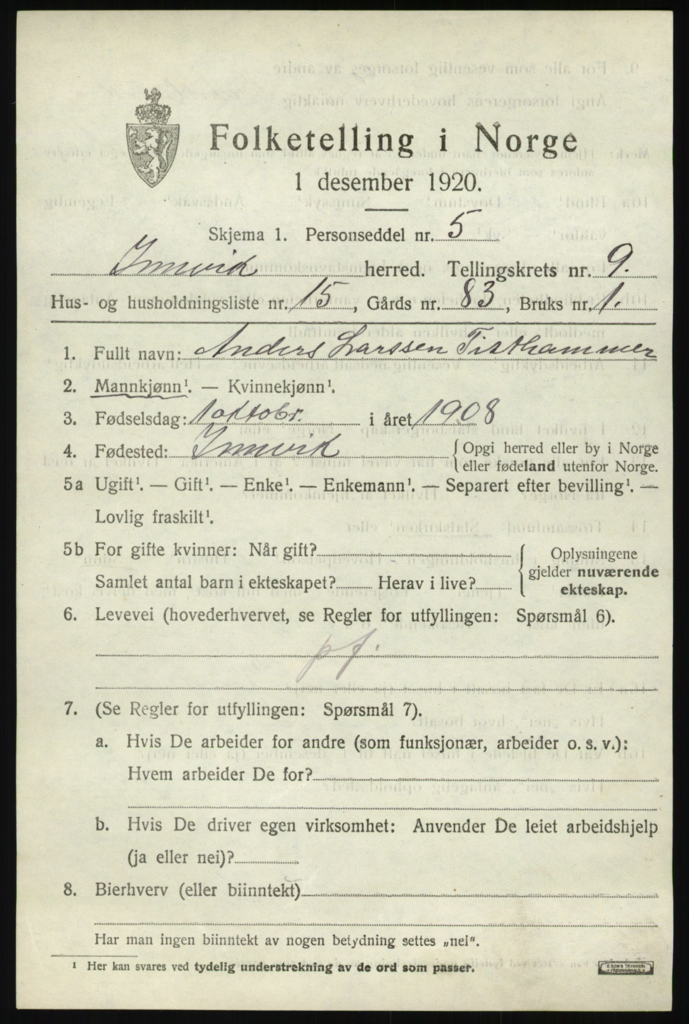 SAB, 1920 census for Innvik, 1920, p. 4095