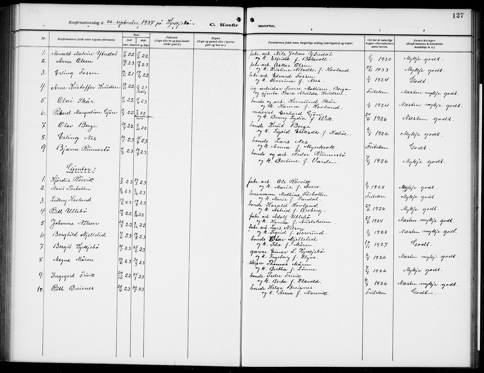 Lavik sokneprestembete, AV/SAB-A-80901: Parish register (copy) no. B 4, 1914-1937, p. 127