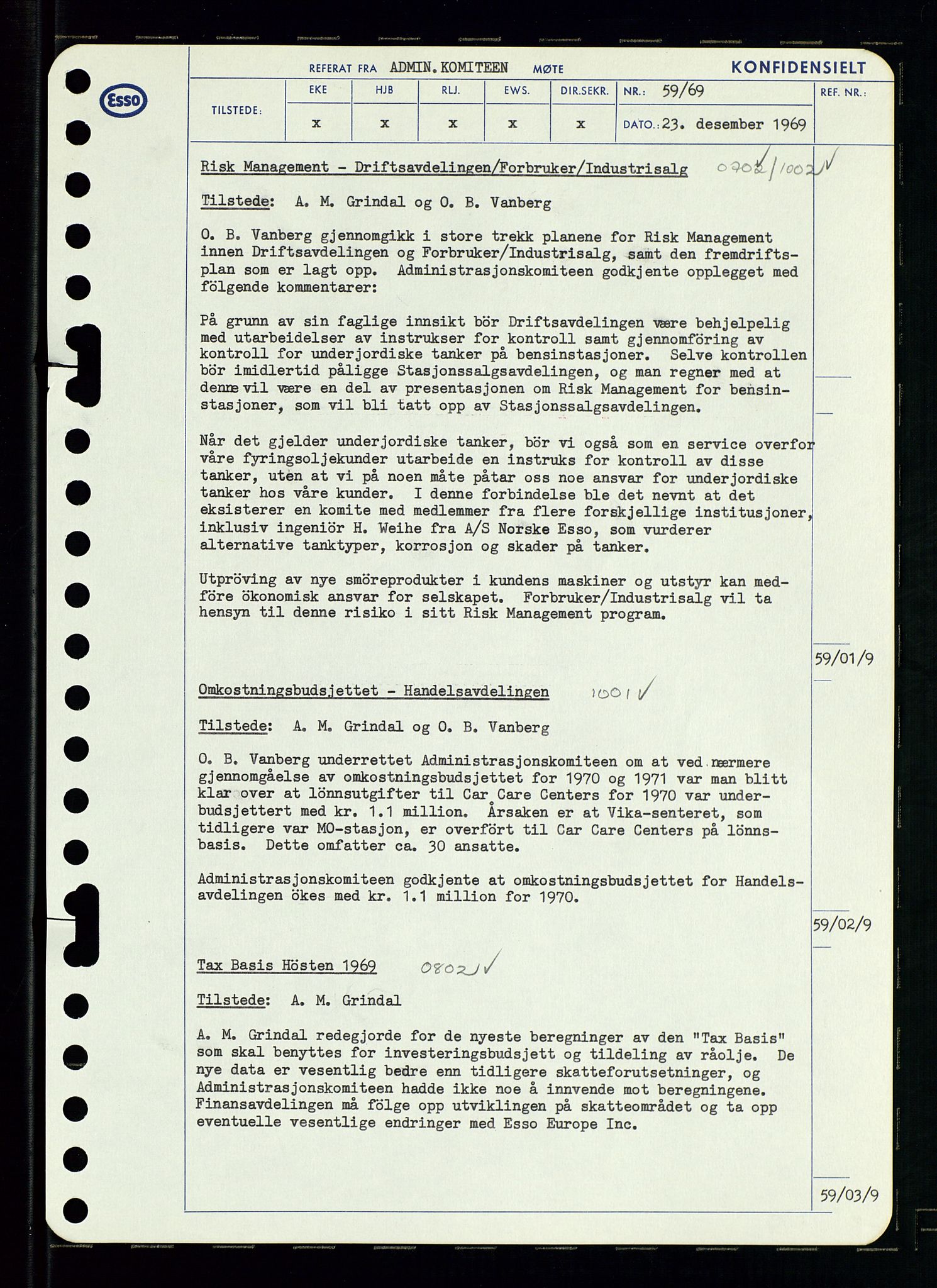 Pa 0982 - Esso Norge A/S, AV/SAST-A-100448/A/Aa/L0003/0001: Den administrerende direksjon Board minutes (styrereferater) og Bedriftforsamlingsprotokoll / Den administrerende direksjon Board minutes (styrereferater), 1969, p. 130