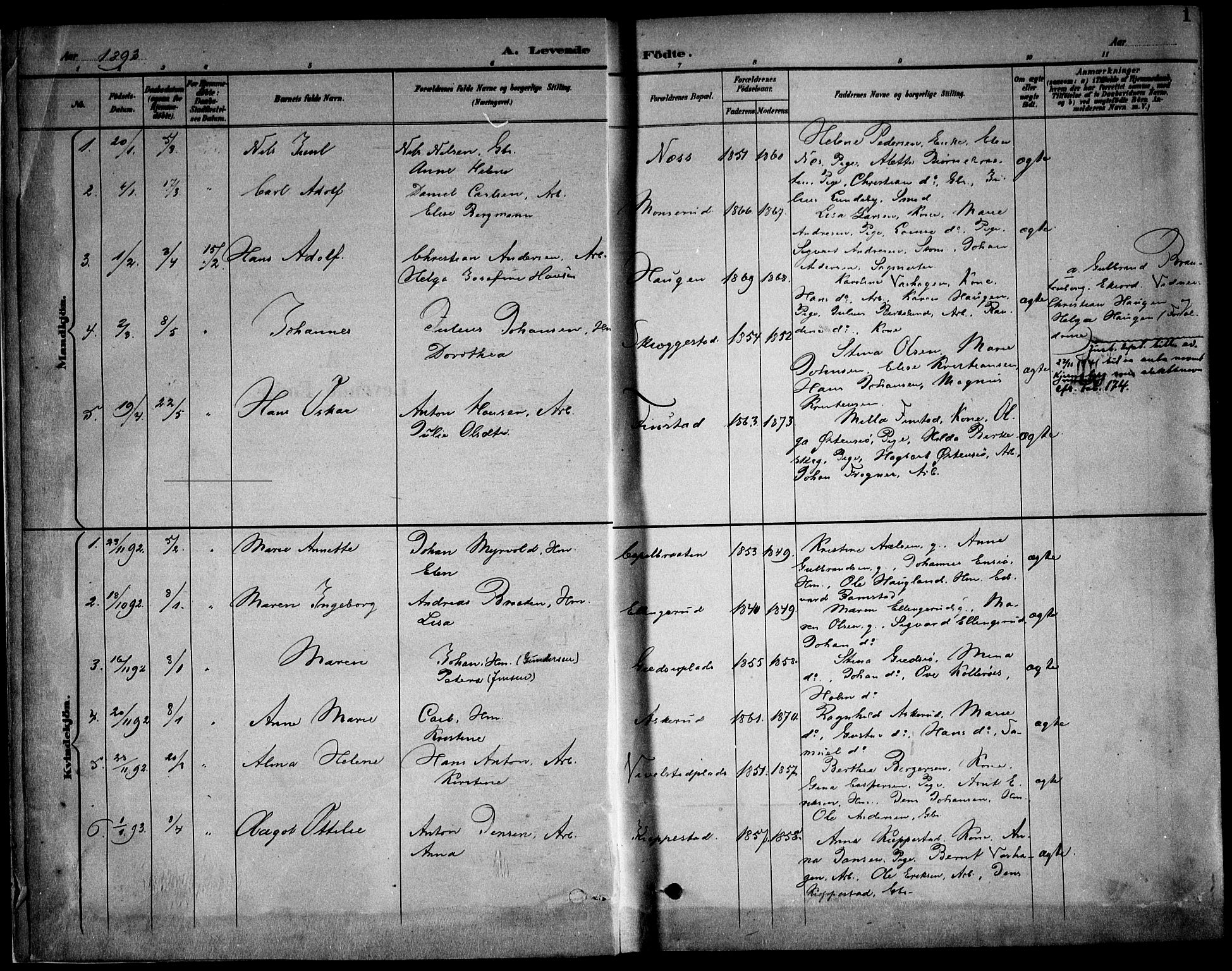 Kråkstad prestekontor Kirkebøker, SAO/A-10125a/F/Fb/L0002: Parish register (official) no. II 2, 1893-1917, p. 1