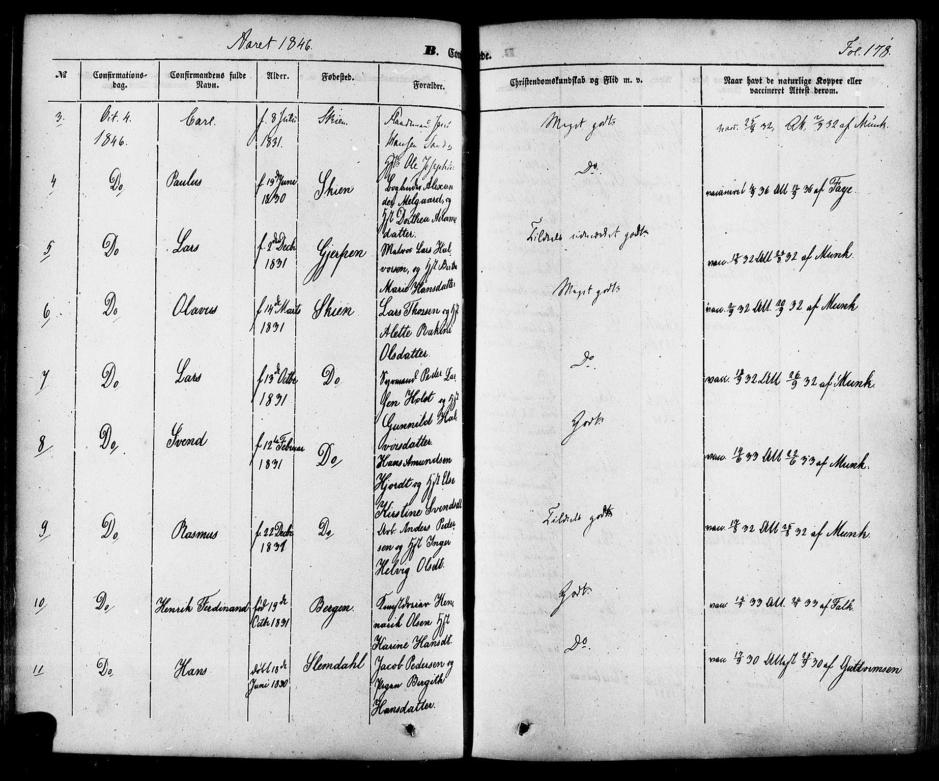 Skien kirkebøker, AV/SAKO-A-302/F/Fa/L0006a: Parish register (official) no. 6A, 1843-1856, p. 178