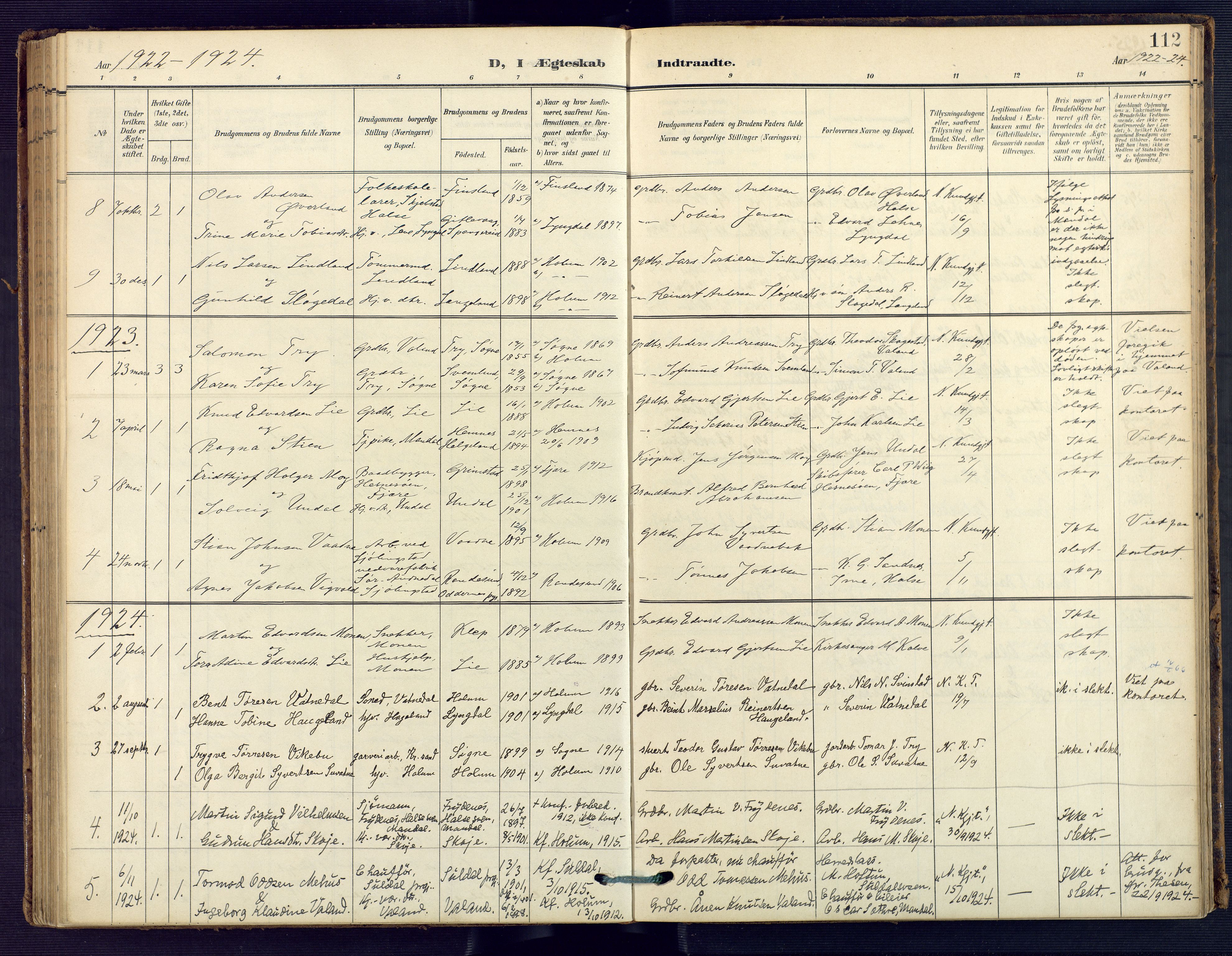 Holum sokneprestkontor, SAK/1111-0022/F/Fa/Faa/L0008: Parish register (official) no. A 8, 1908-1929, p. 112